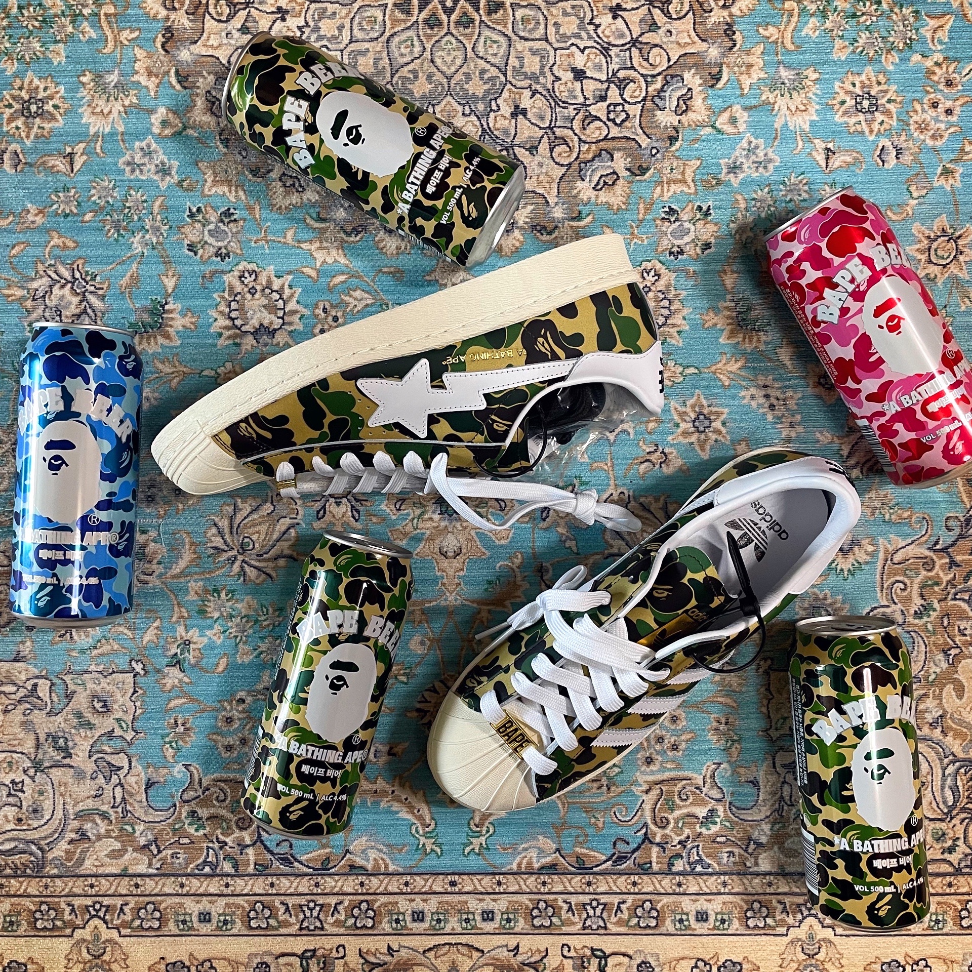 Adidas x BAPE Superstar 80s Green Camo 착용 스타일