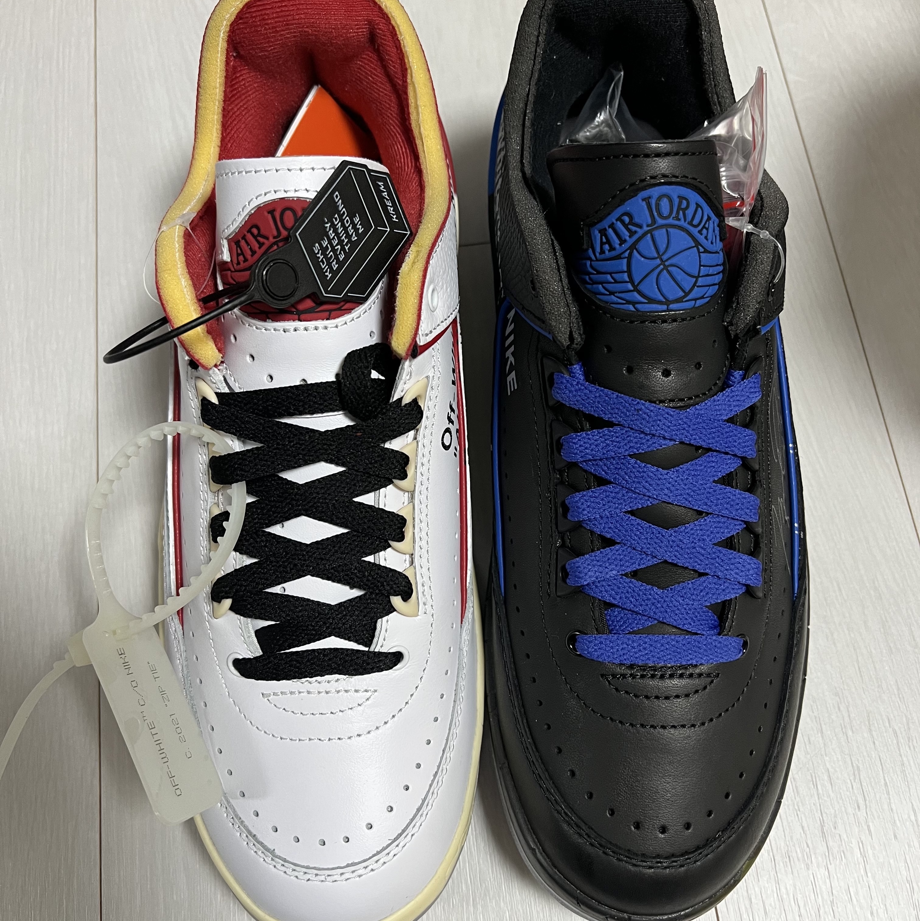 Jordan 2 x Off-White Retro Low SP White and Varsity Red, Jordan 2 x Off-White Retro Low SP Black and Varsity Royal 착용 스타일