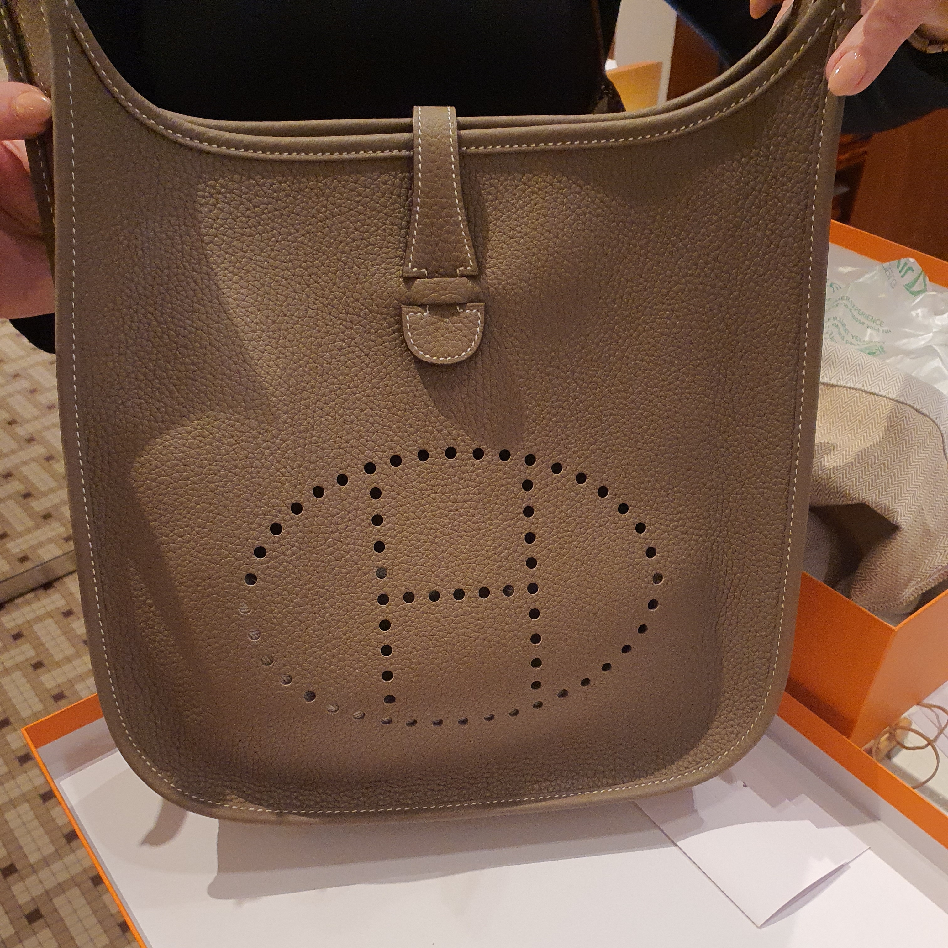 Hermes Evelyne III 29 Bag Clemence & Gold Etoupe 착용 스타일