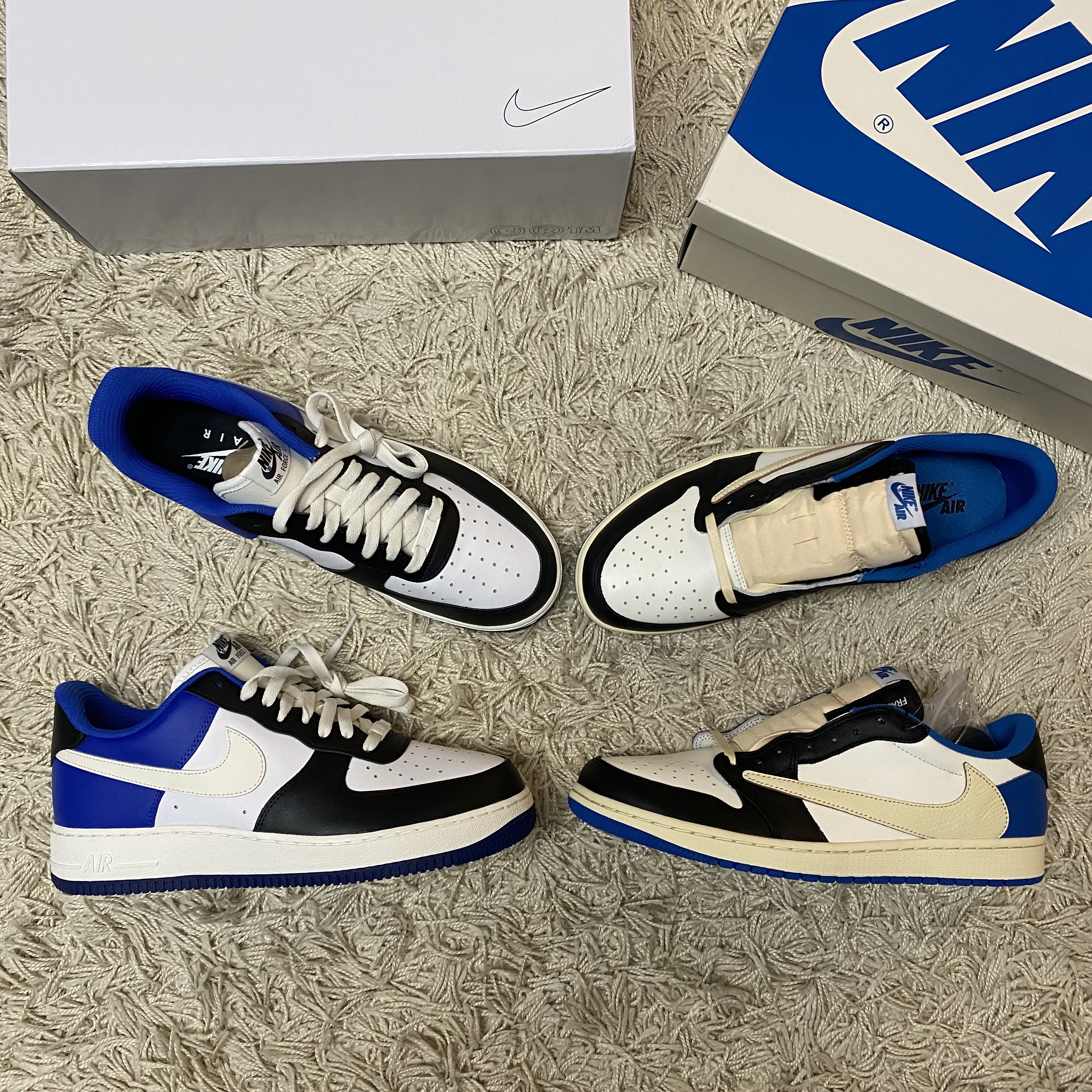 Nike Air Force 1 '07 Low White, Jordan 1 x Travis Scott x Fragment Retro Low OG SP Military Blue 착용 스타일