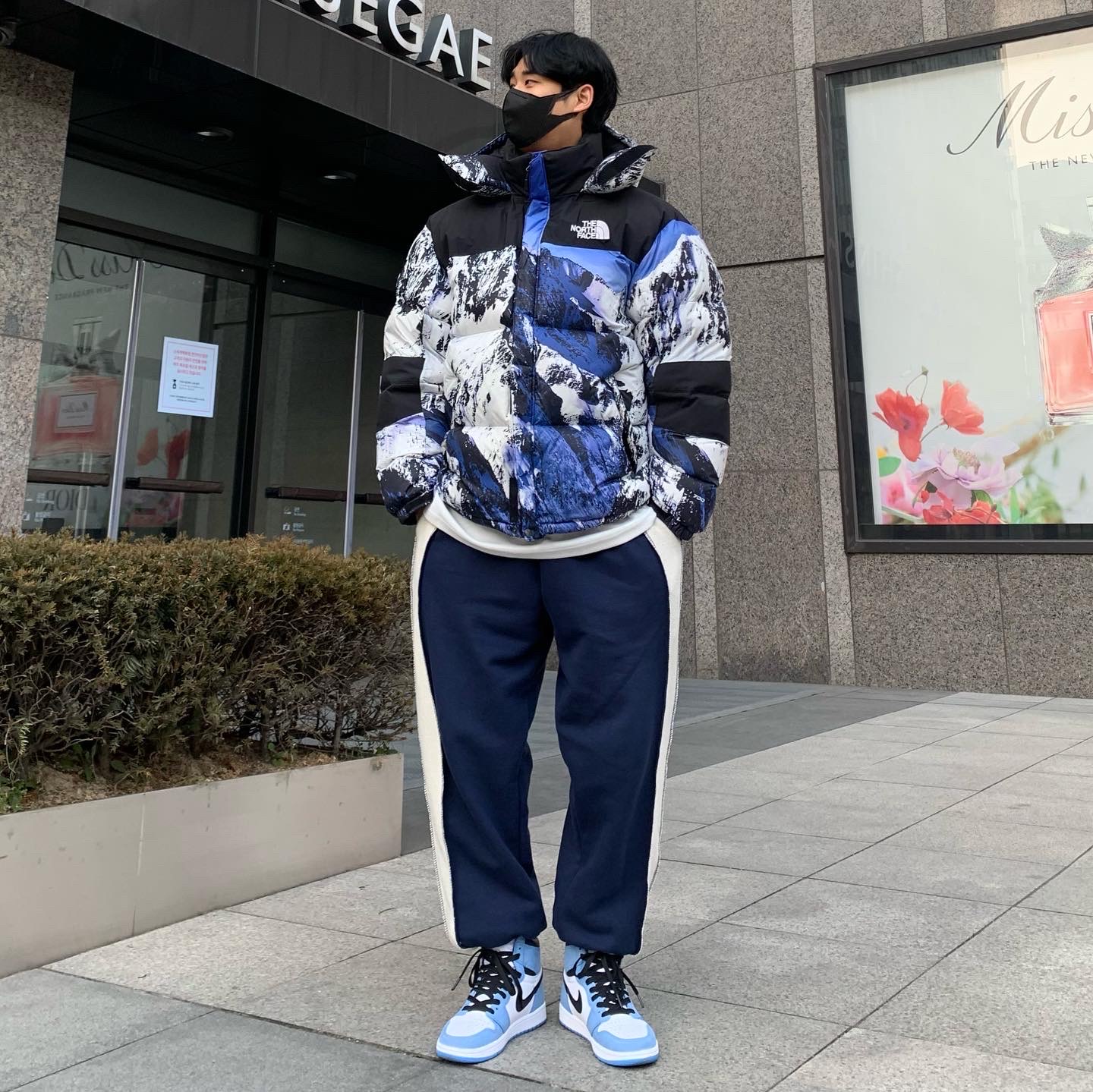 Supreme x The North Face Mountain Baltoro Jacket Blue White - 17FW, Jordan 1 Retro High OG University Blue 착용 스타일 - 2