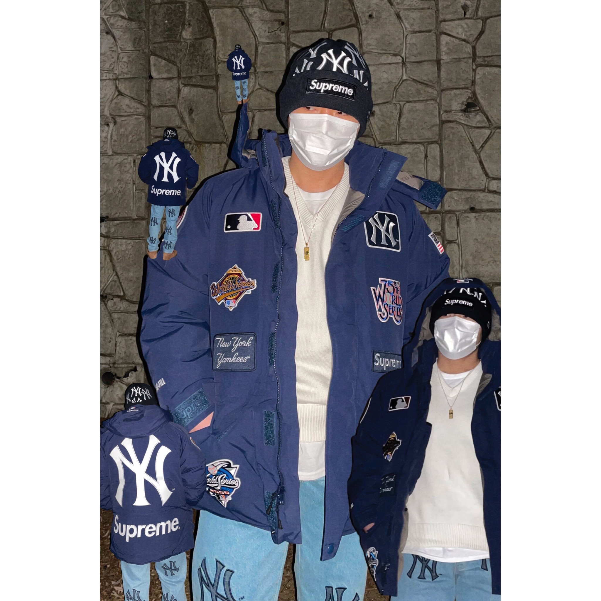 Supreme x New York Yankees Gore-Tex 700-Fill Down Jacket Navy - 21FW, Supreme x New York Yankees Regular Jean Washed Blue - 21FW 착용 스타일 - 1