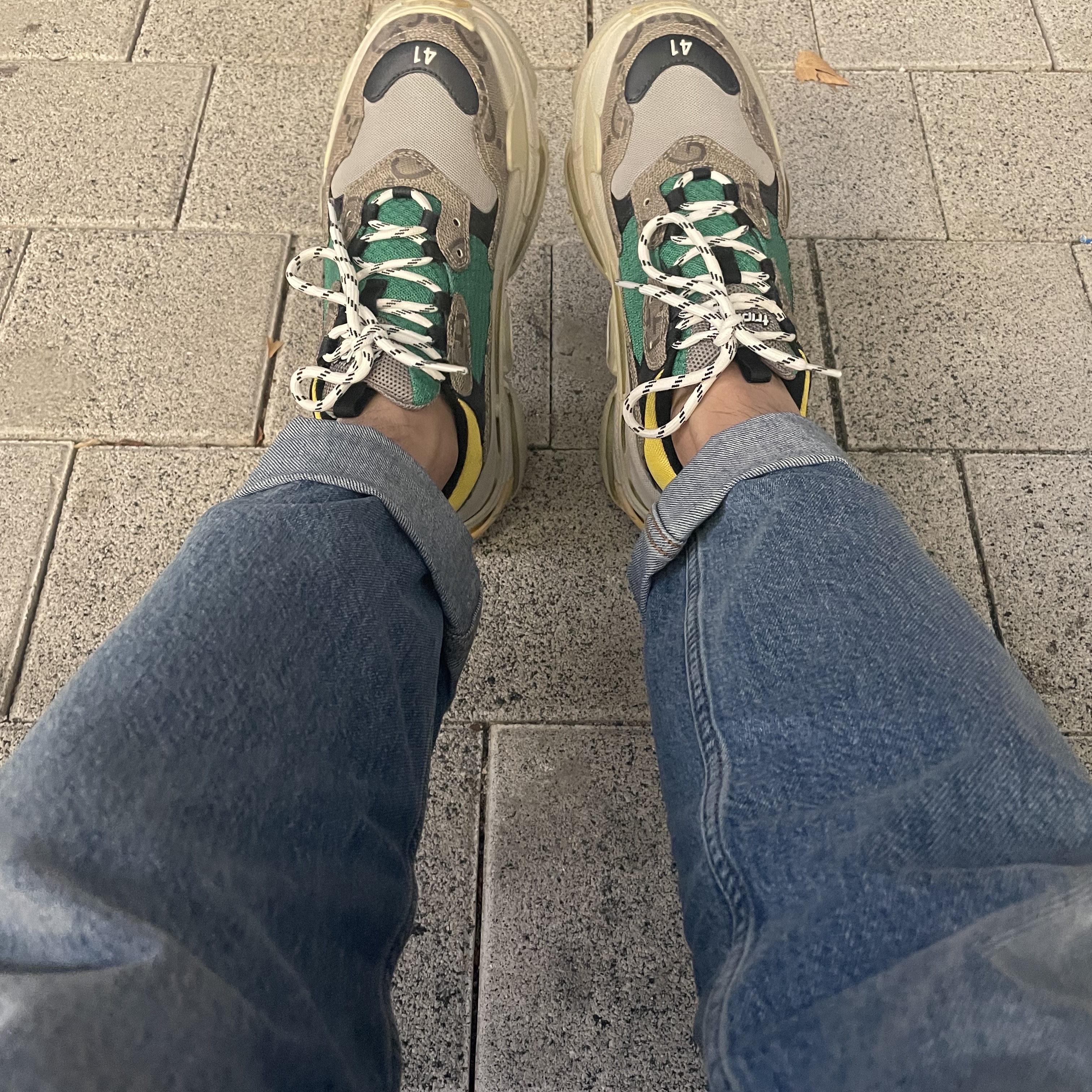 Balenciaga x Gucci The Hacker Project Triple S Sneakers Beige Ebony GG Supreme Yellow Green 착용 스타일