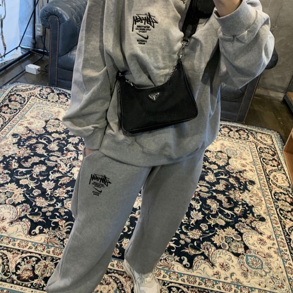 Prada Re-Nylon and Saffiano Leather Shoulder Bag Black, Nike x Stussy NRG ZR Fleece Pants Heather Grey - US/EU 착용 스타일
