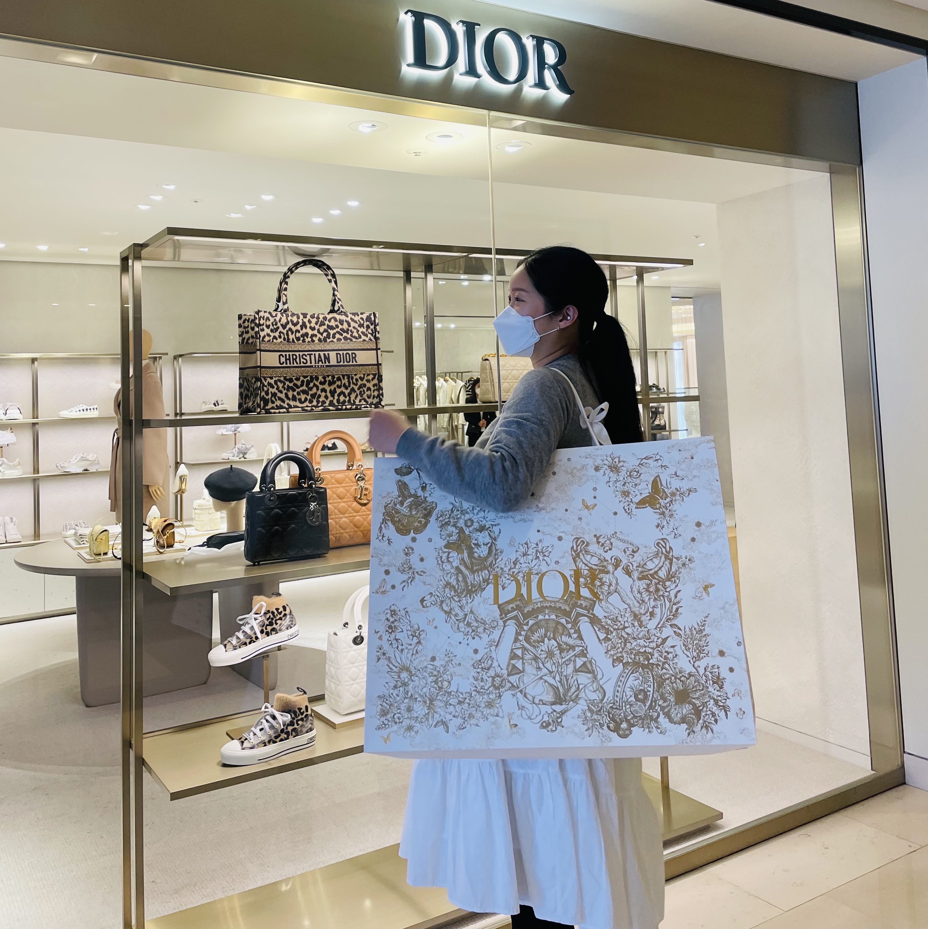 Dior Large Book Tote Blue Dior Oblique Embroidery 착용 스타일