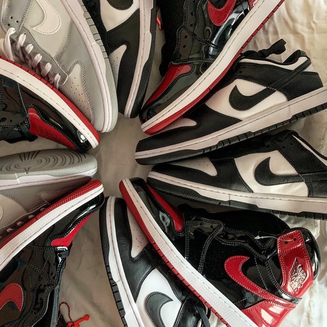 Jordan 1 Retro High OG Patent Bred, Nike Dunk Low Retro Wolf Grey 착용 스타일 - 3