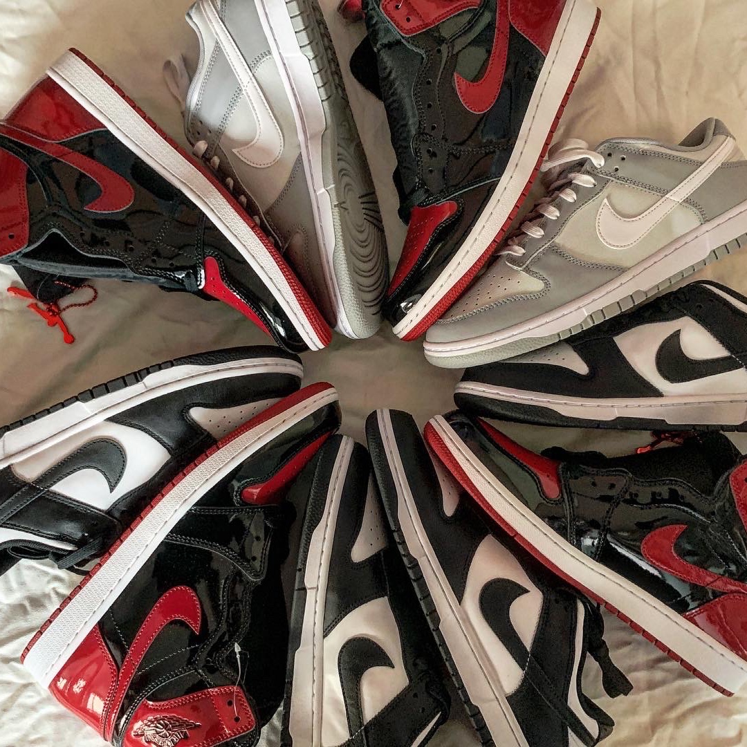 Jordan 1 Retro High OG Patent Bred, Nike Dunk Low Retro Wolf Grey 착용 스타일 - 1