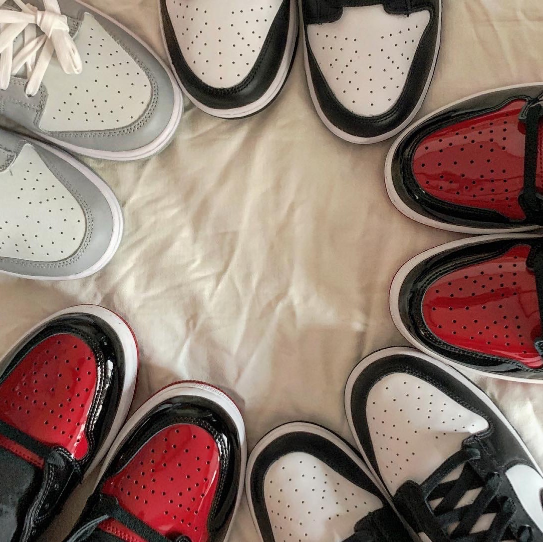 Jordan 1 Retro High OG Patent Bred, Nike Dunk Low Retro Wolf Grey 착용 스타일 - 2