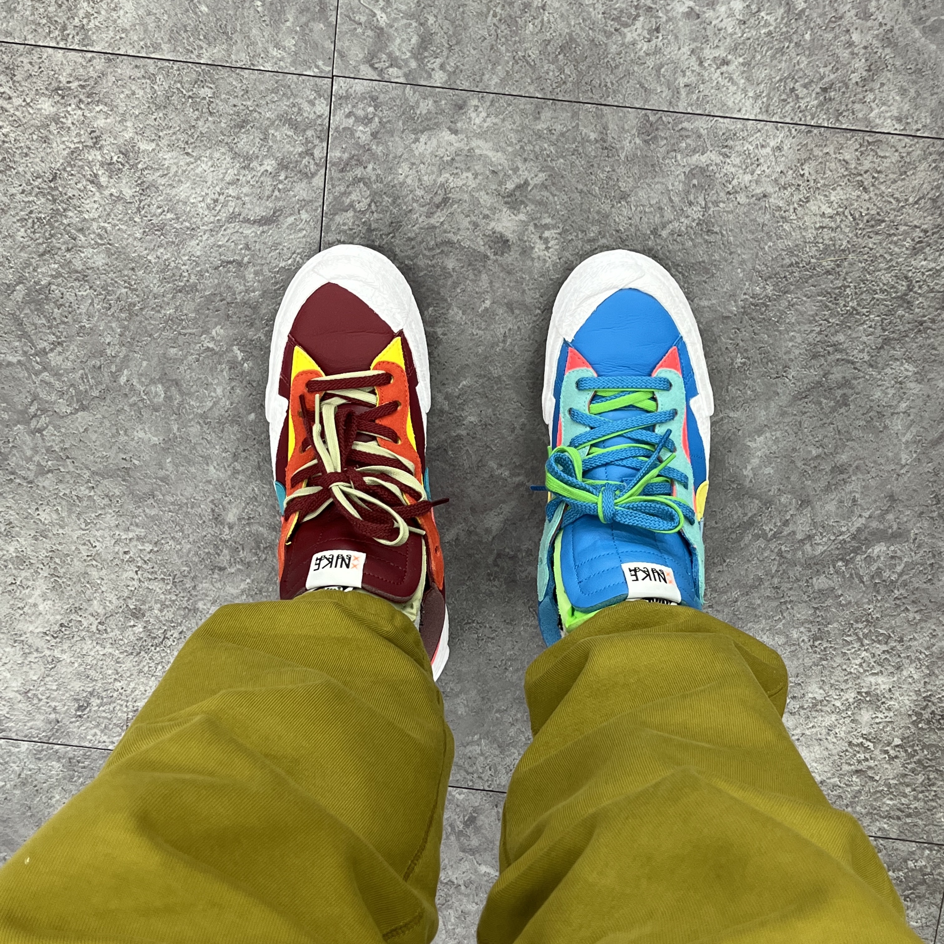 Nike x Sacai x Kaws Blazer Low Neptune Blue, Nike x Sacai x Kaws Blazer Low Team Red 착용 스타일