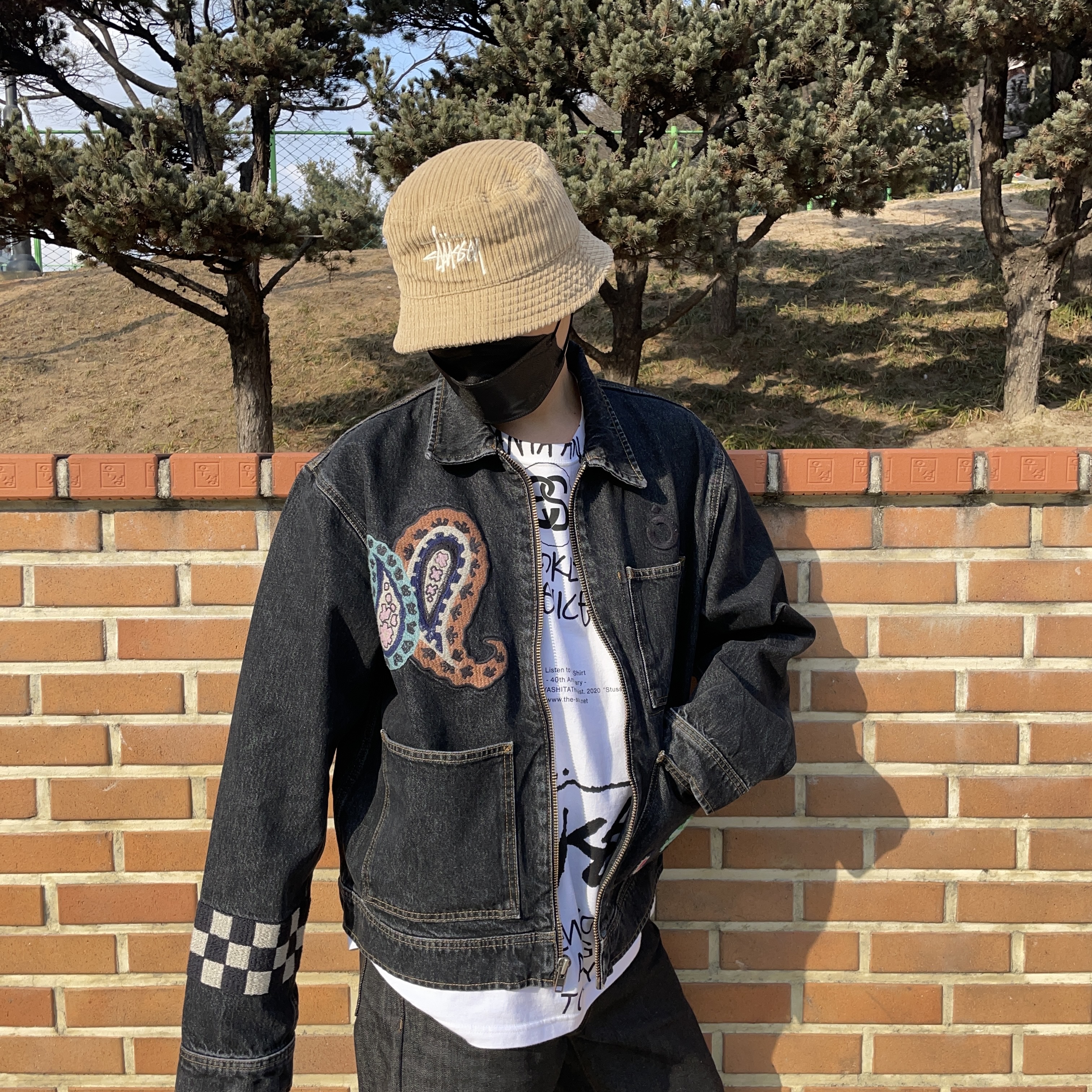 Stussy x Noma t.d. Denim Zip Work Jacket Washed Black, Stussy Corduroy Big Basic Bucket Hat Olive 착용 스타일 - 2