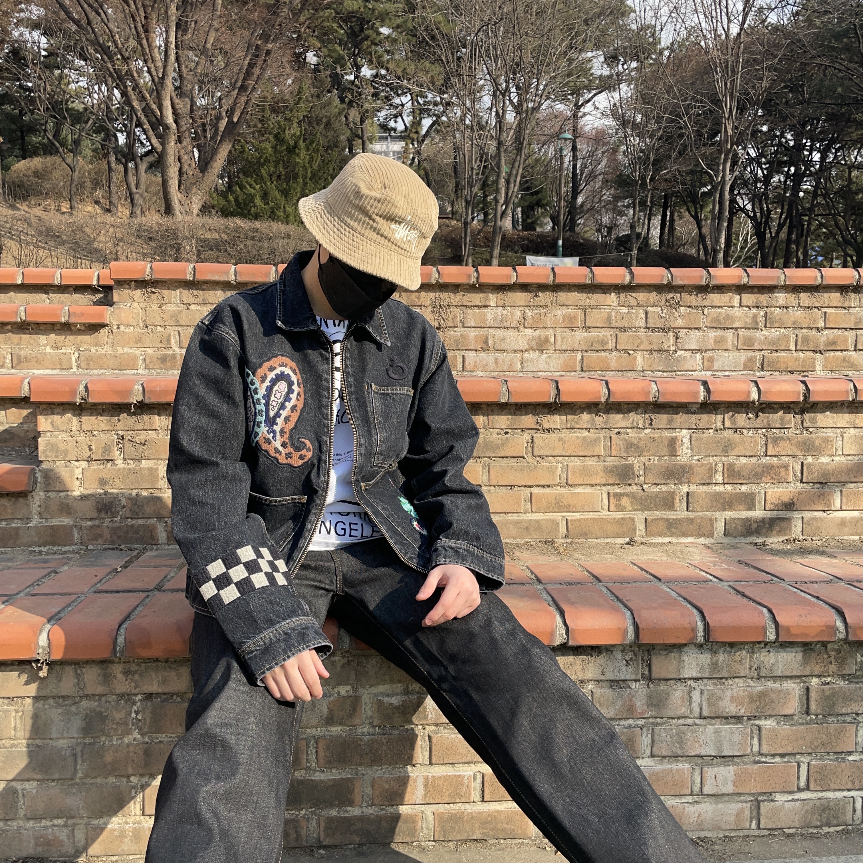 Stussy x Noma t.d. Denim Zip Work Jacket Washed Black, Stussy Corduroy Big Basic Bucket Hat Olive 착용 스타일 - 1