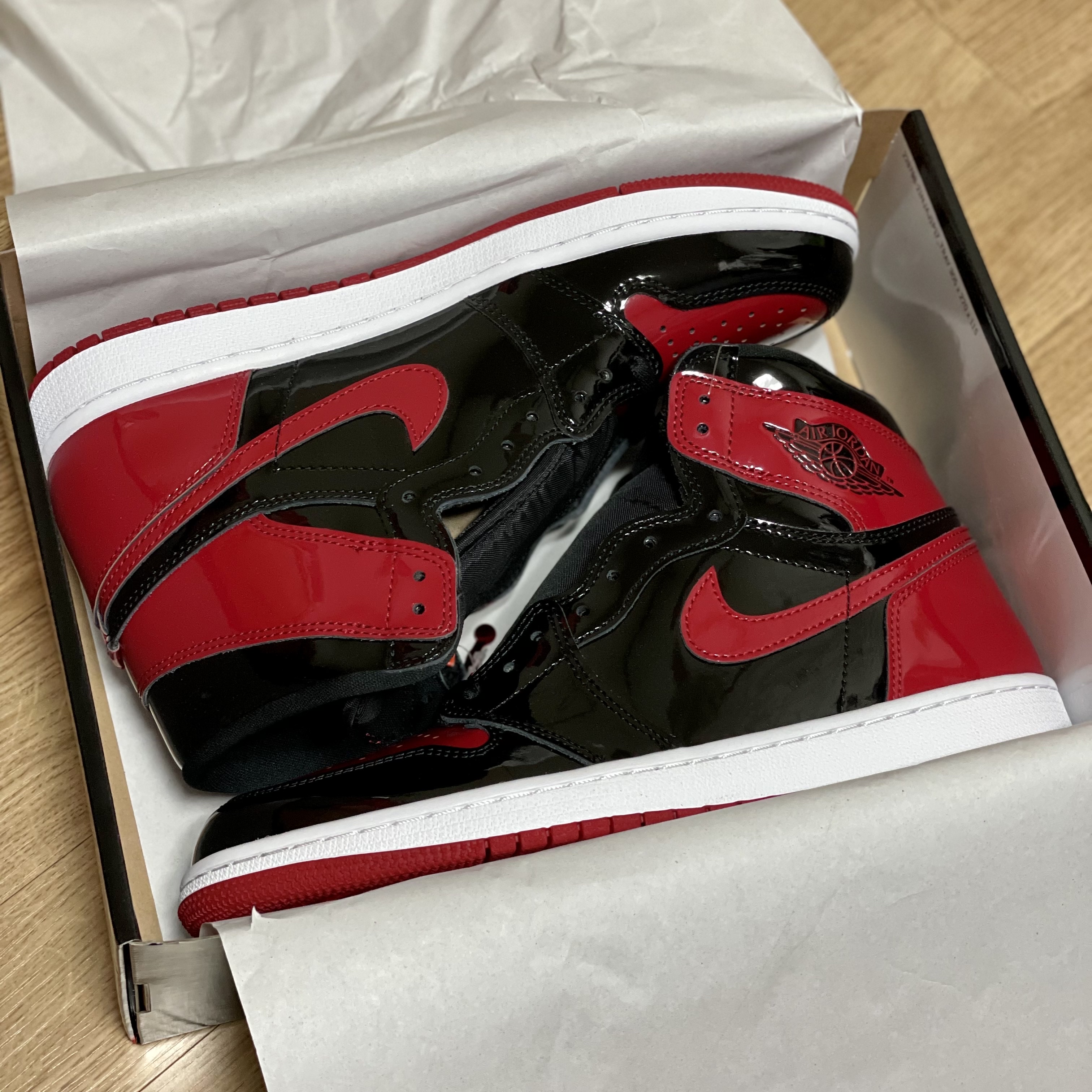 Jordan 1 Retro High OG Patent Bred, (GS) Jordan 1 Retro High OG Patent Bred 착용 스타일 - 1