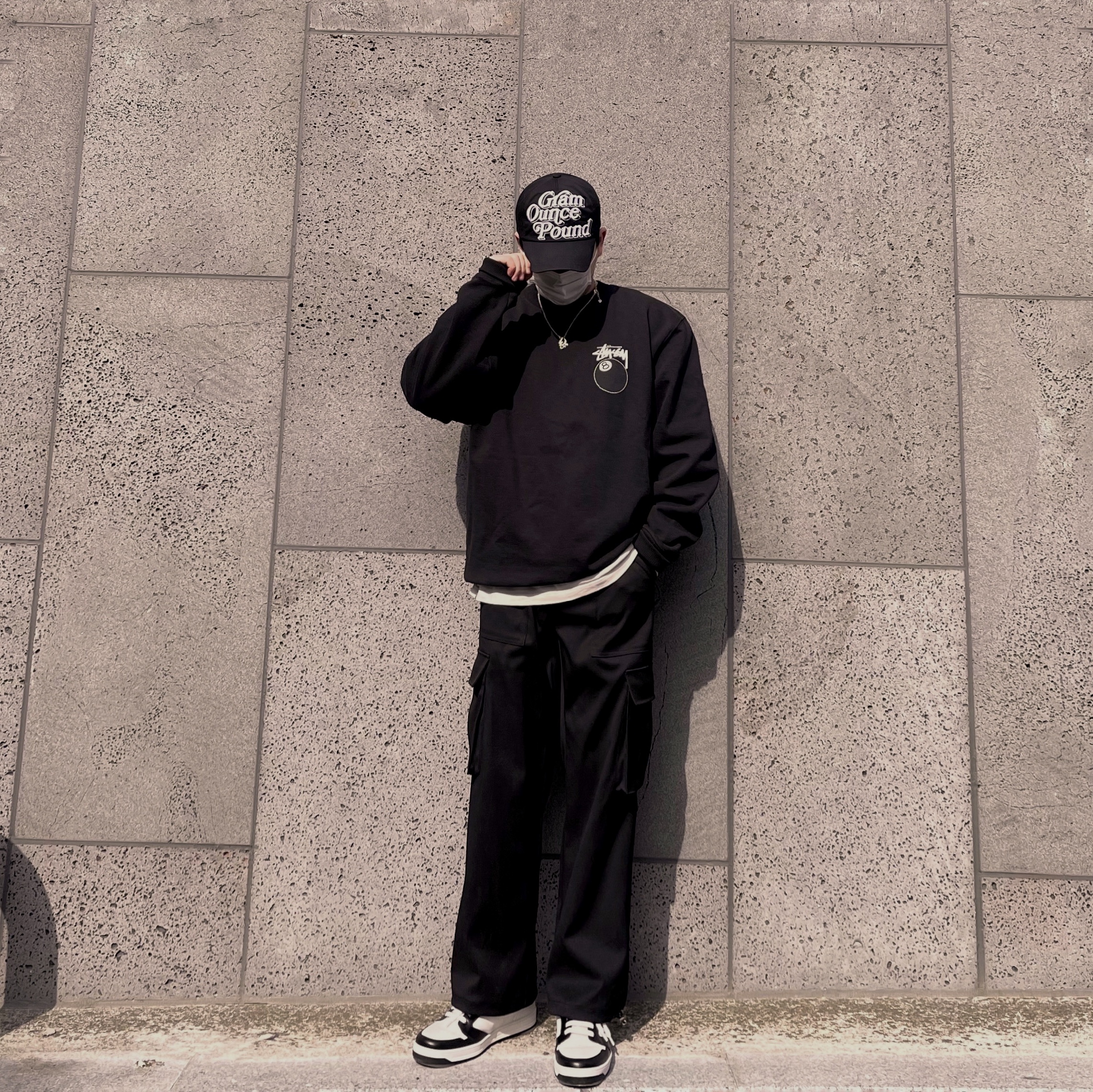 Prada District Leather Sneakers White Black, Stussy 8 Ball Crew Black - 21FW 착용 스타일 - 1
