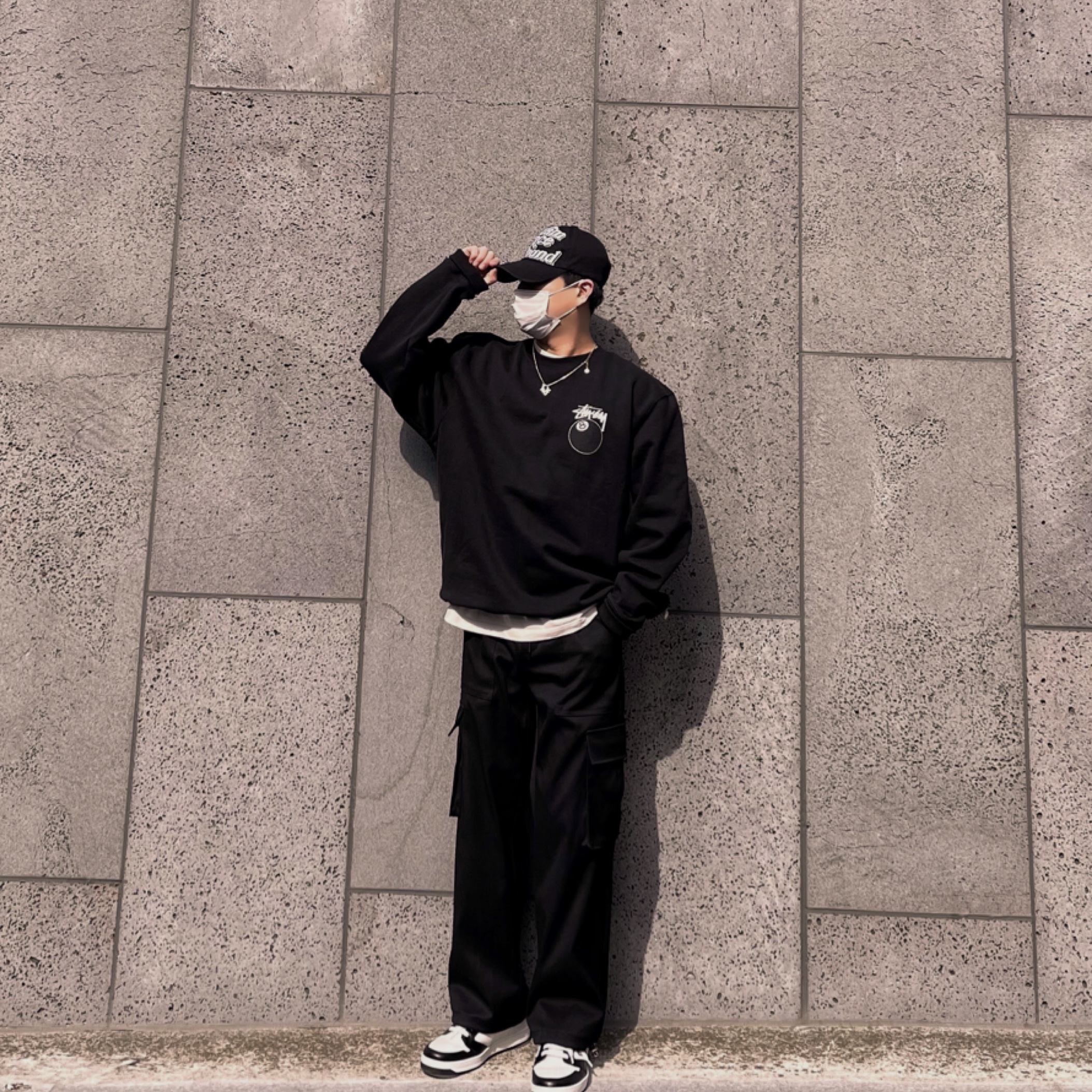 Prada District Leather Sneakers White Black, Stussy 8 Ball Crew Black - 21FW 착용 스타일 - 2