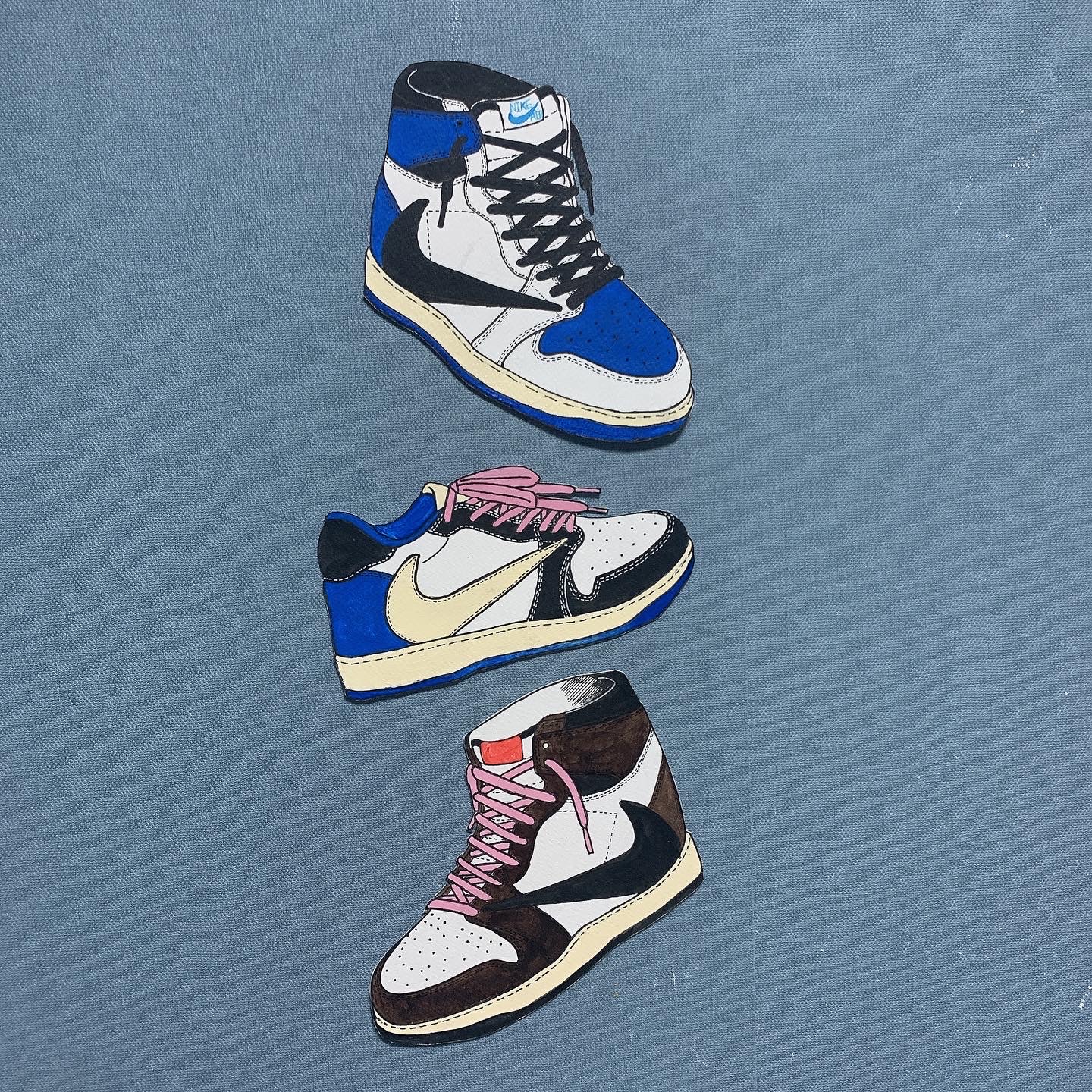 Jordan 1 x Travis Scott x Fragment Retro Low OG SP Military Blue, Jordan 1 x Travis Scott Retro High OG SP Mocha 착용 스타일 - 1