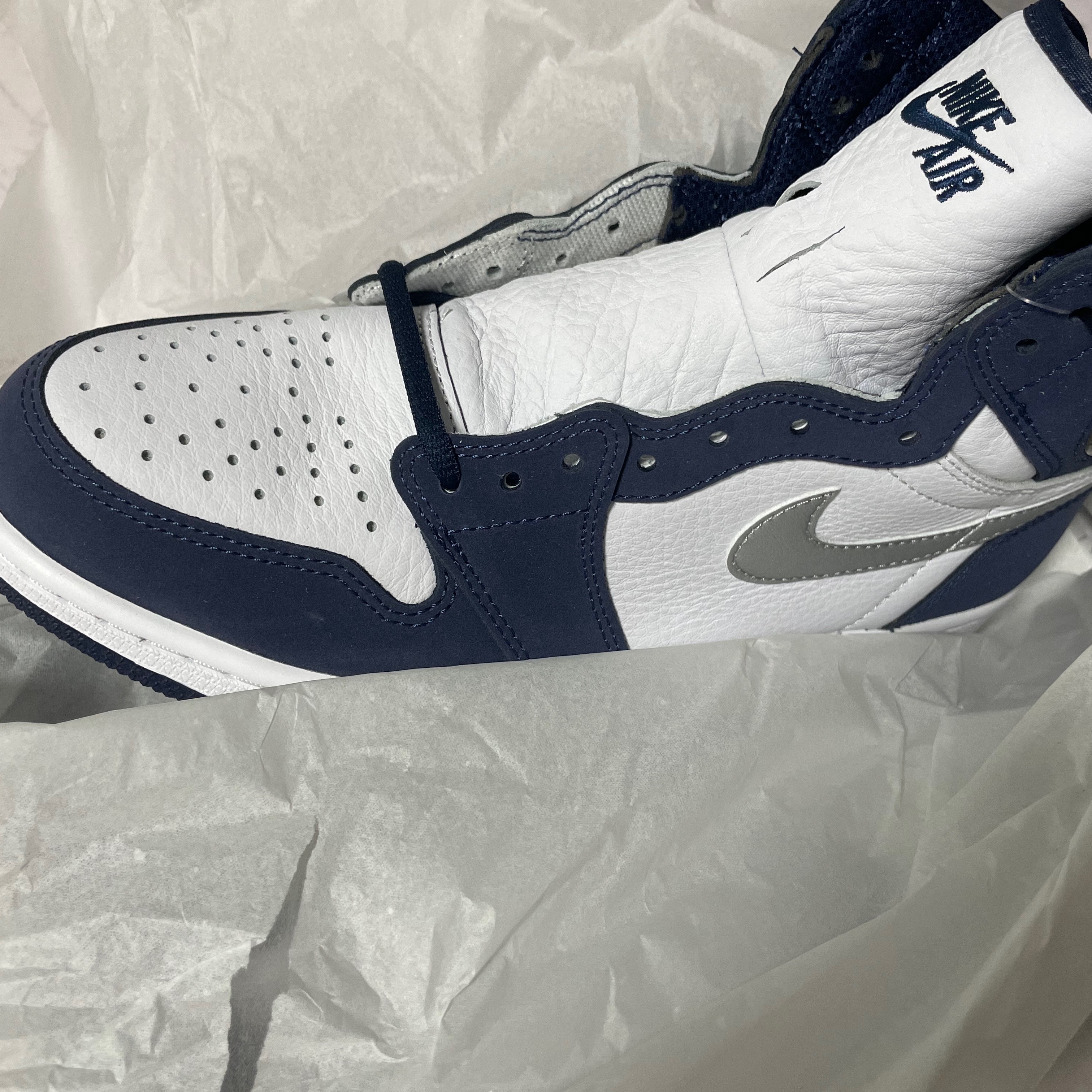 Jordan 1 Retro High OG CO.JP Midnight Navy, Zara x Ader Error Patchwork Oversize Sweater Blue 착용 스타일 - 4