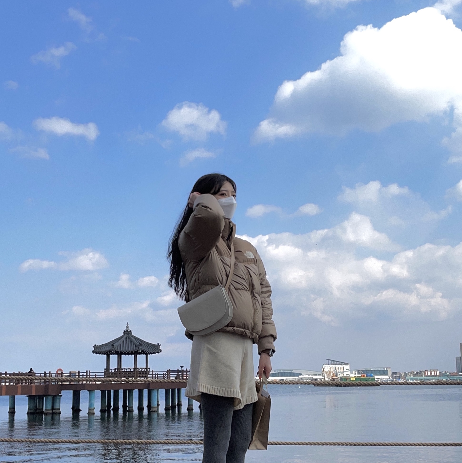 (W) The North Face White Label Novelty Nuptse Down Jacket Beige Brown 착용 스타일 - 2