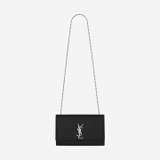 Saint Laurent Silver Monogram Kate Medium Bag with Silver Chain Strap in Grain De Poudre Embossed Leather Black