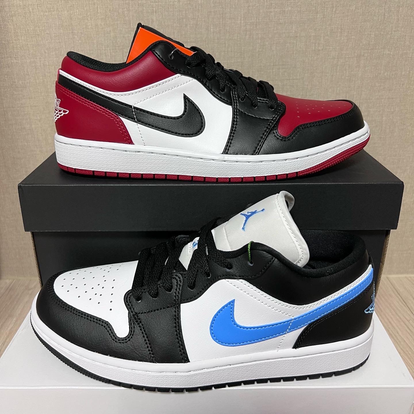 (W) Jordan 1 Low Black University Blue, Jordan 1 Low Bred Toe 착용 스타일 - 2