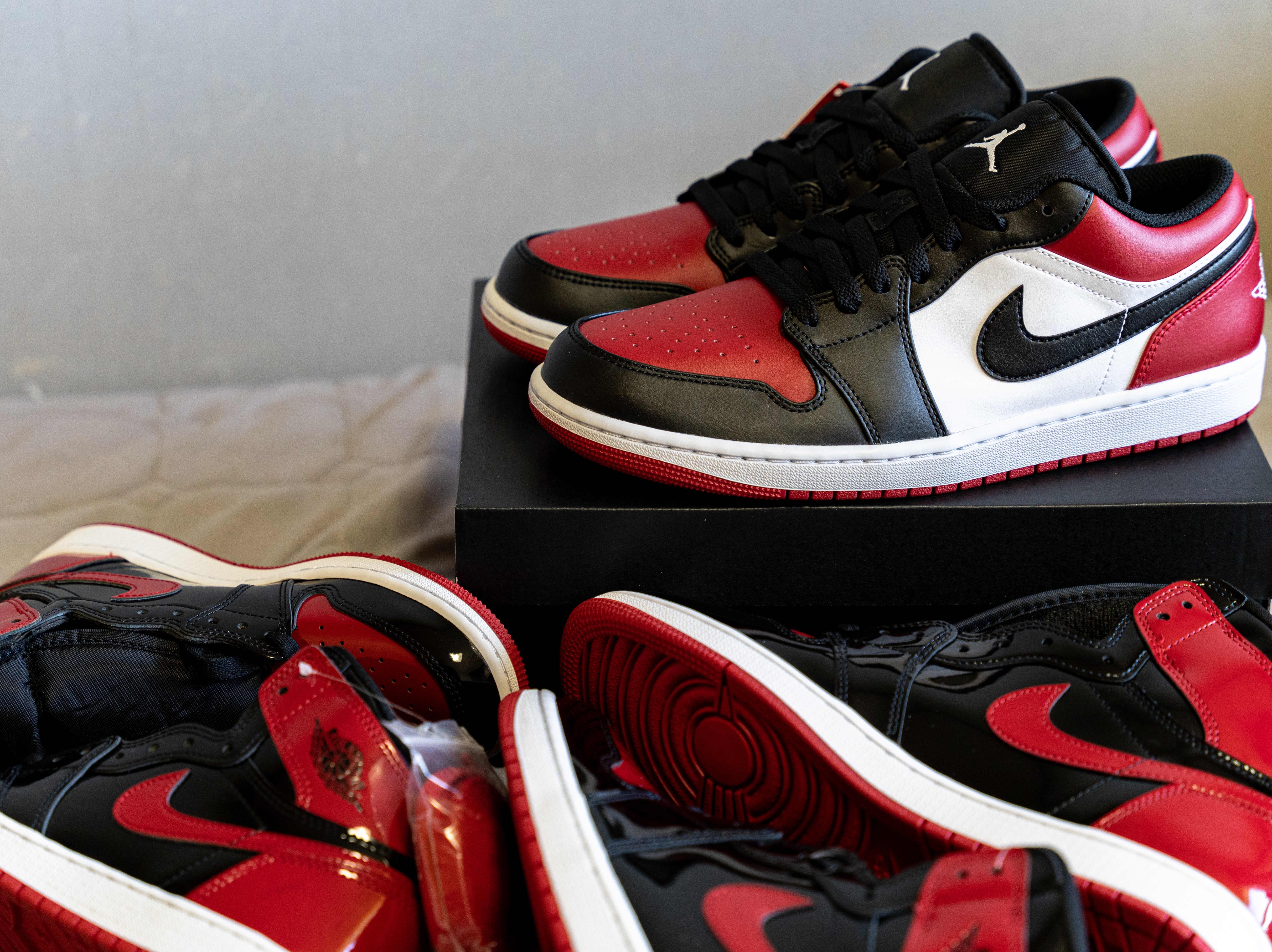 Jordan 1 Low Bred Toe, Jordan 1 Retro High OG Patent Bred 착용 스타일 - 2