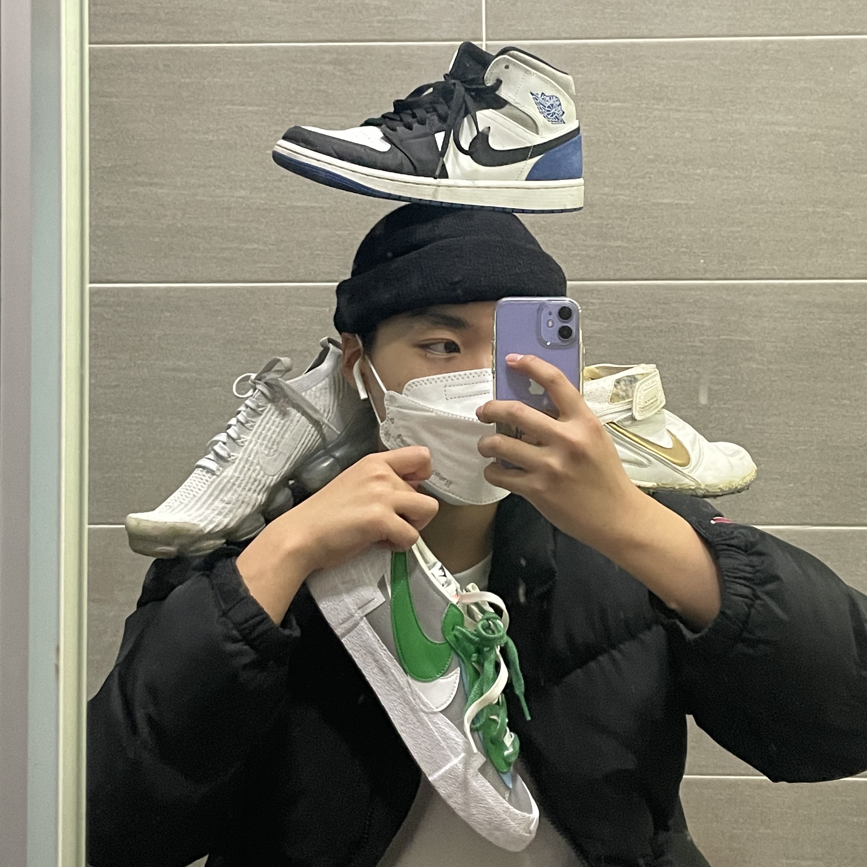 Nike x Sacai Blazer Low Classic Green, Nike Air VaporMax Flyknit 3 White Pure Platinum 착용 스타일 - 2