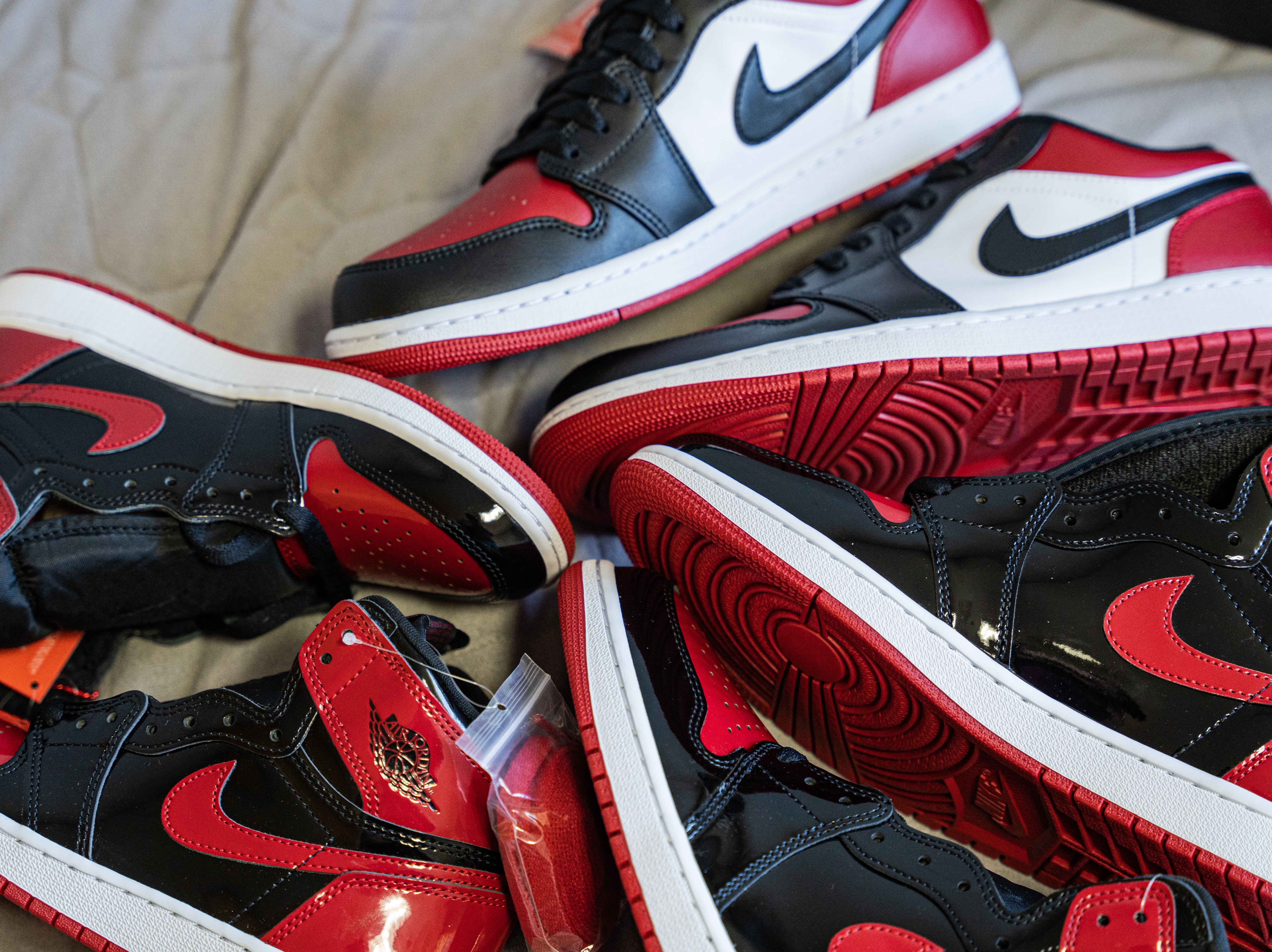 Jordan 1 Low Bred Toe, Jordan 1 Retro High OG Patent Bred 착용 스타일 - 1