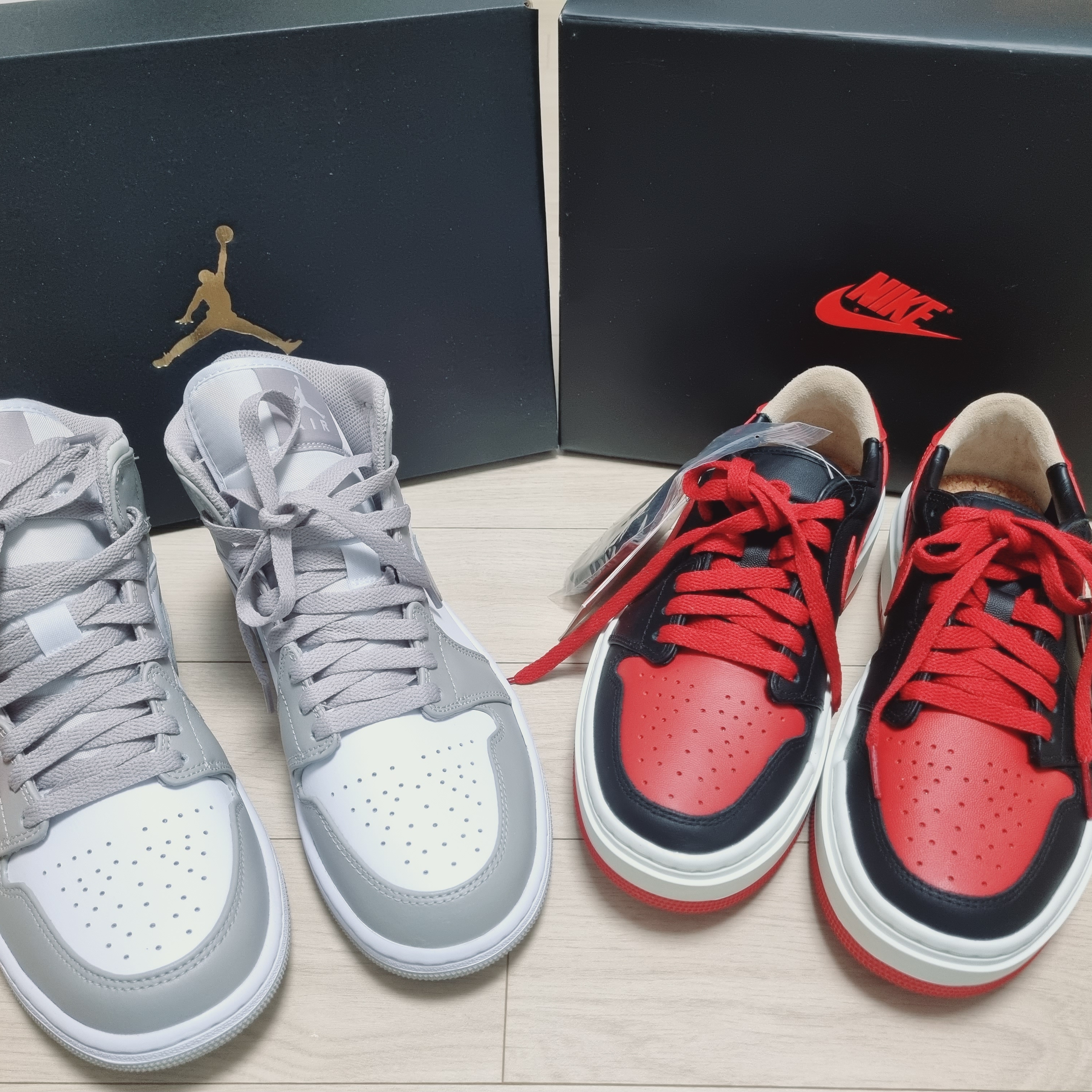 Jordan 1 Mid College Grey, (W) Jordan 1 Elevate Low SE Bred 착용 스타일 - 3