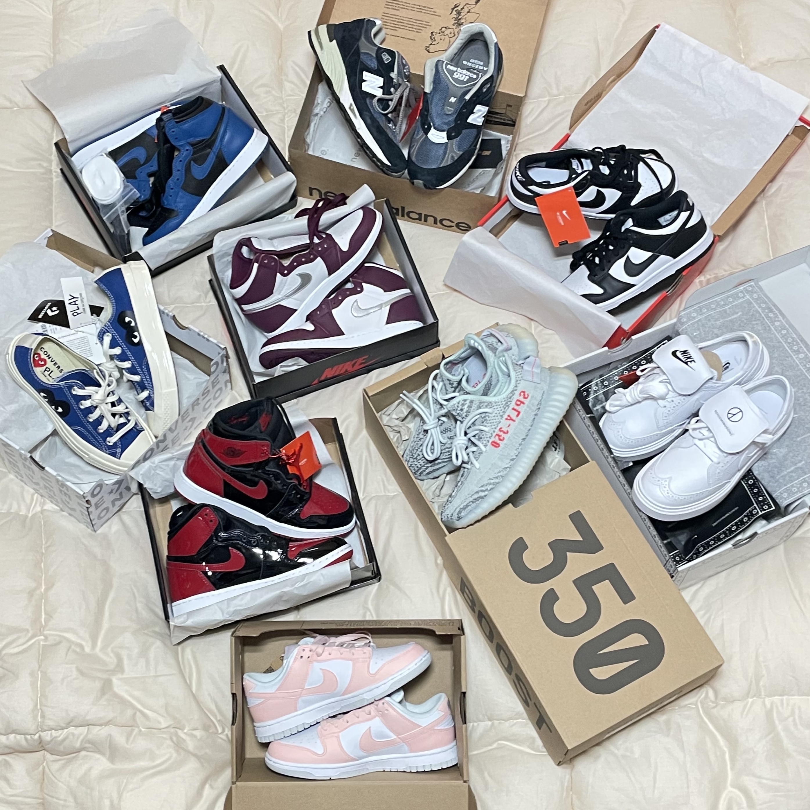 Nike x Peaceminusone Kwondo1 White, Jordan 1 Retro High OG Bordeaux 착용 스타일