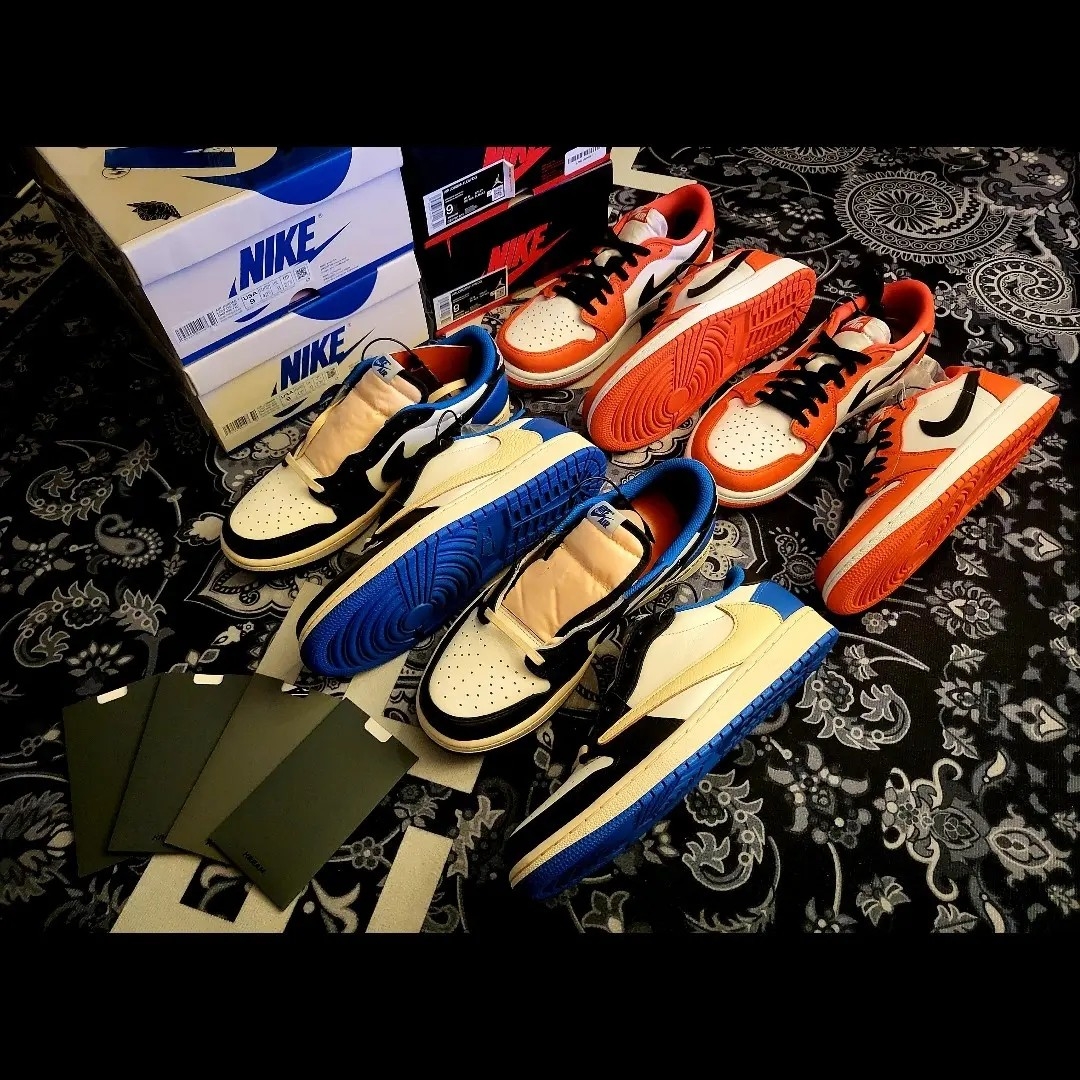 Jordan 1 x Travis Scott x Fragment Retro Low OG SP Military Blue, Jordan 1 Low OG Starfish 착용 스타일 - 1
