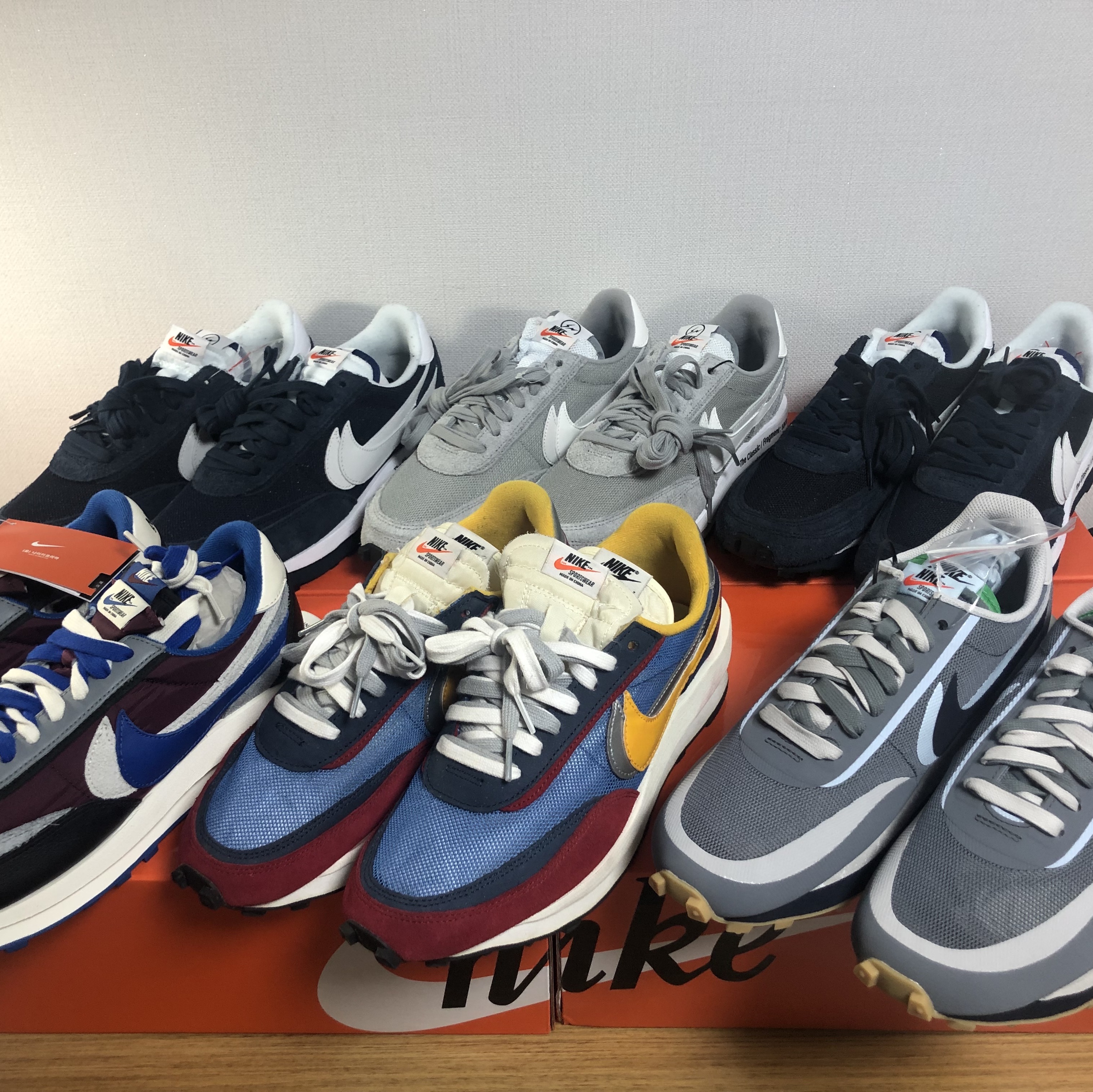 Nike x Sacai x Undercover LDWaffle Night Maroon Team Royal, Nike x Sacai x Fragment LDWaffle Light Smoke Grey 착용 스타일