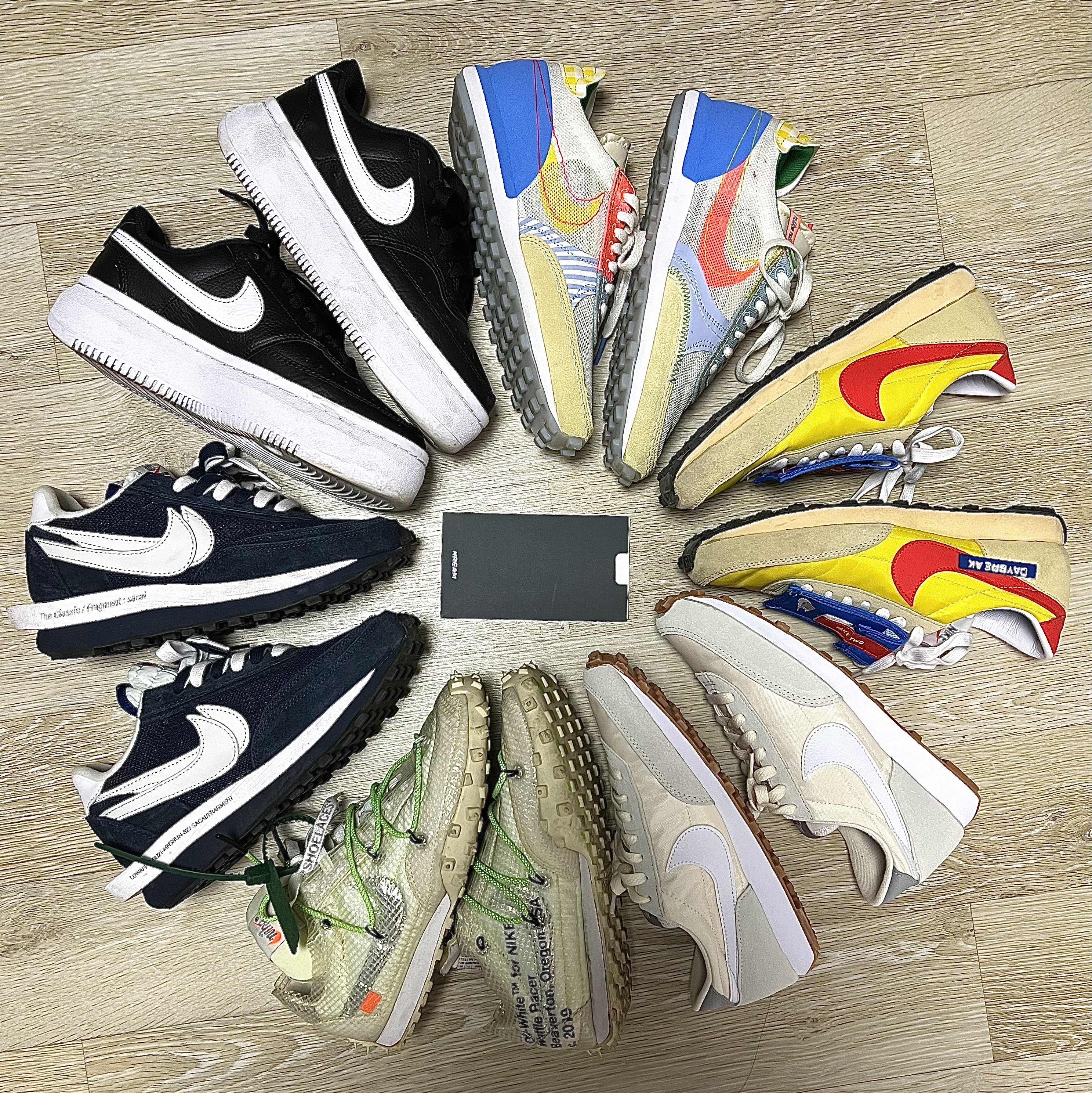 Nike x Sacai x Fragment LDWaffle Blackened Blue, (W) Nike x Off-White Waffle Racer White 착용 스타일