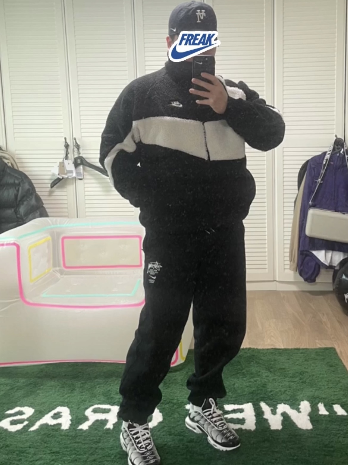 Nike x Stussy NRG ZR Fleece Pants Black - US/EU, Nike Big Swoosh Full Zip Jacket Black Sail 착용 스타일 - 2