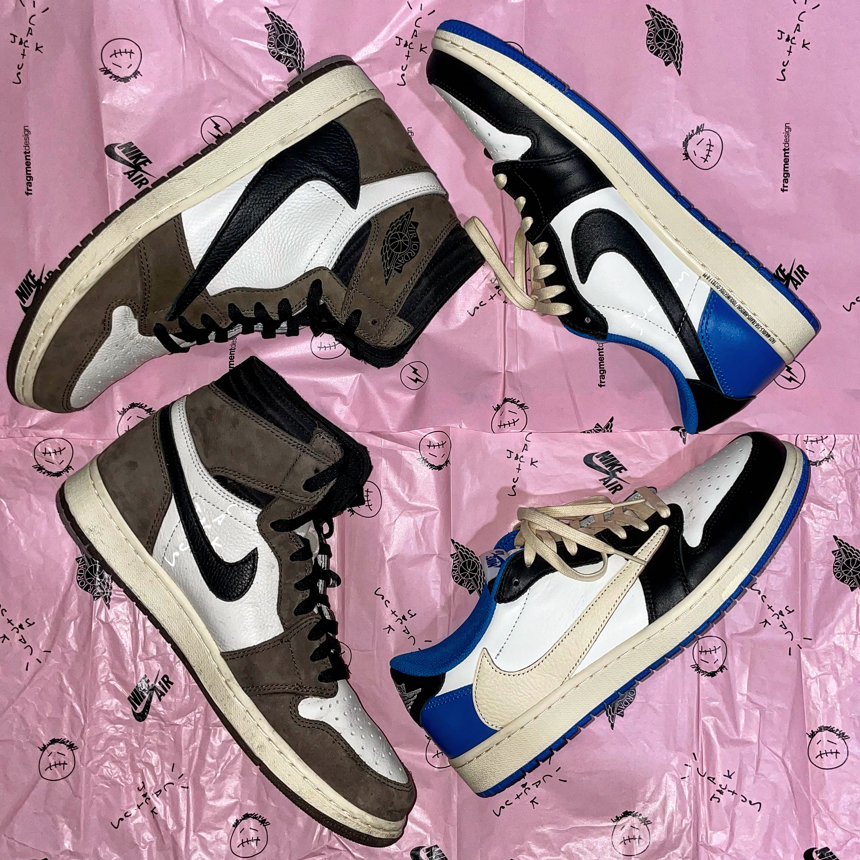Jordan 1 x Travis Scott x Fragment Retro Low OG SP Military Blue, Jordan 1 x Travis Scott Retro High OG SP Mocha 착용 스타일