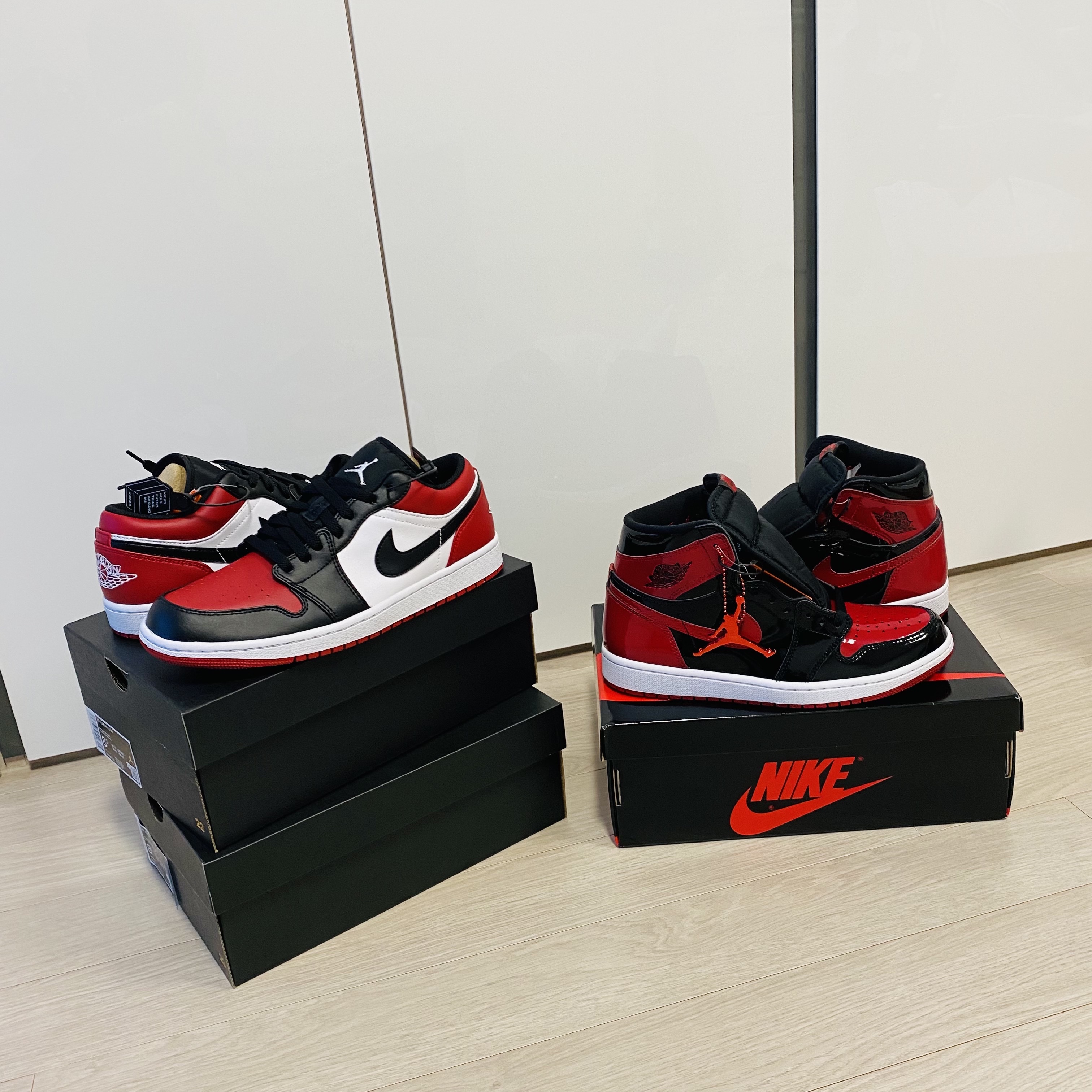 Jordan 1 Retro High OG Patent Bred, Jordan 1 Low Bred Toe 착용 스타일