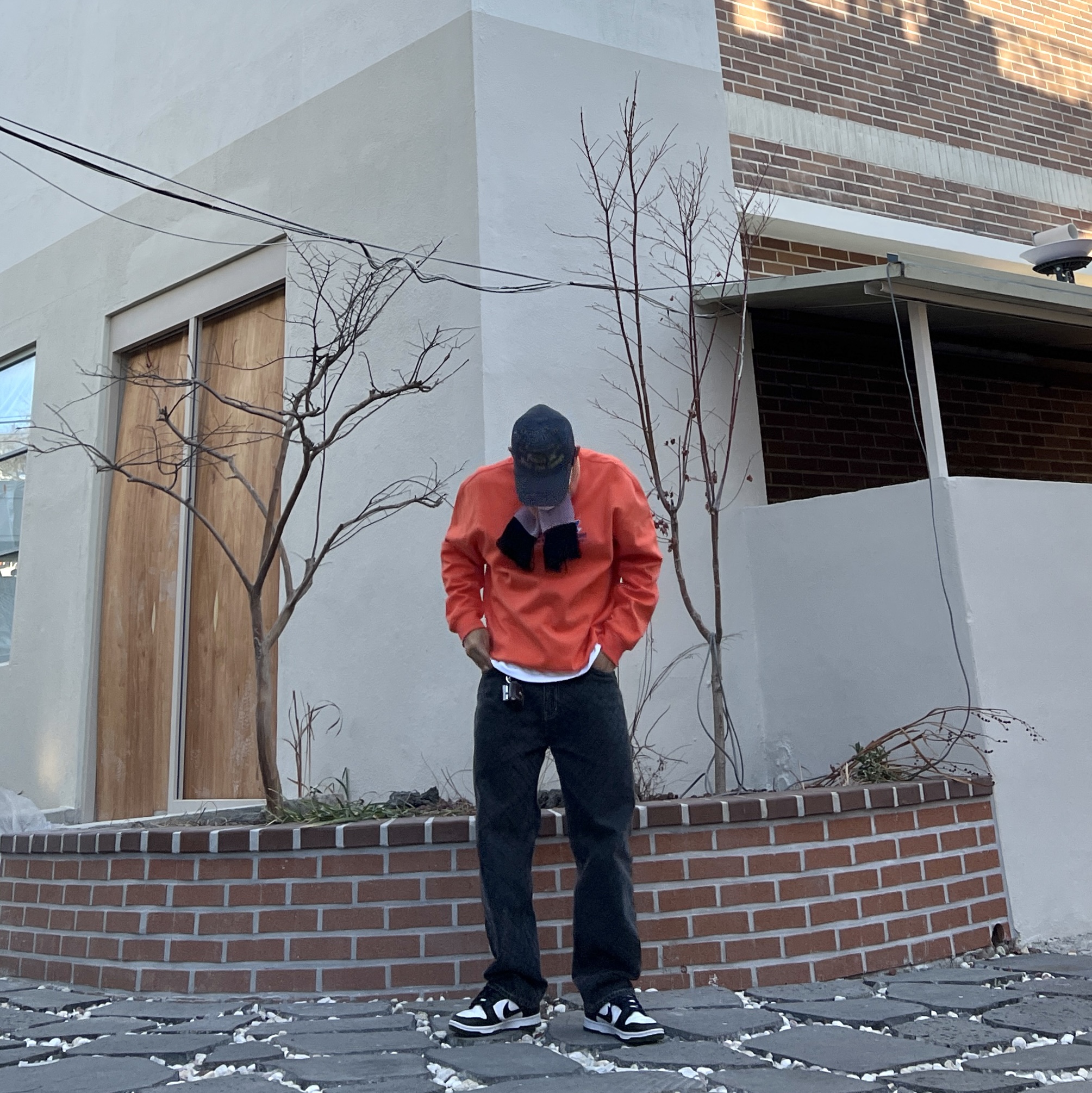 Nike Dunk Low Retro Black, Maison Kitsune x Ader Error Yoga Blue Fox Sweatshirt Orange 착용 스타일 - 1