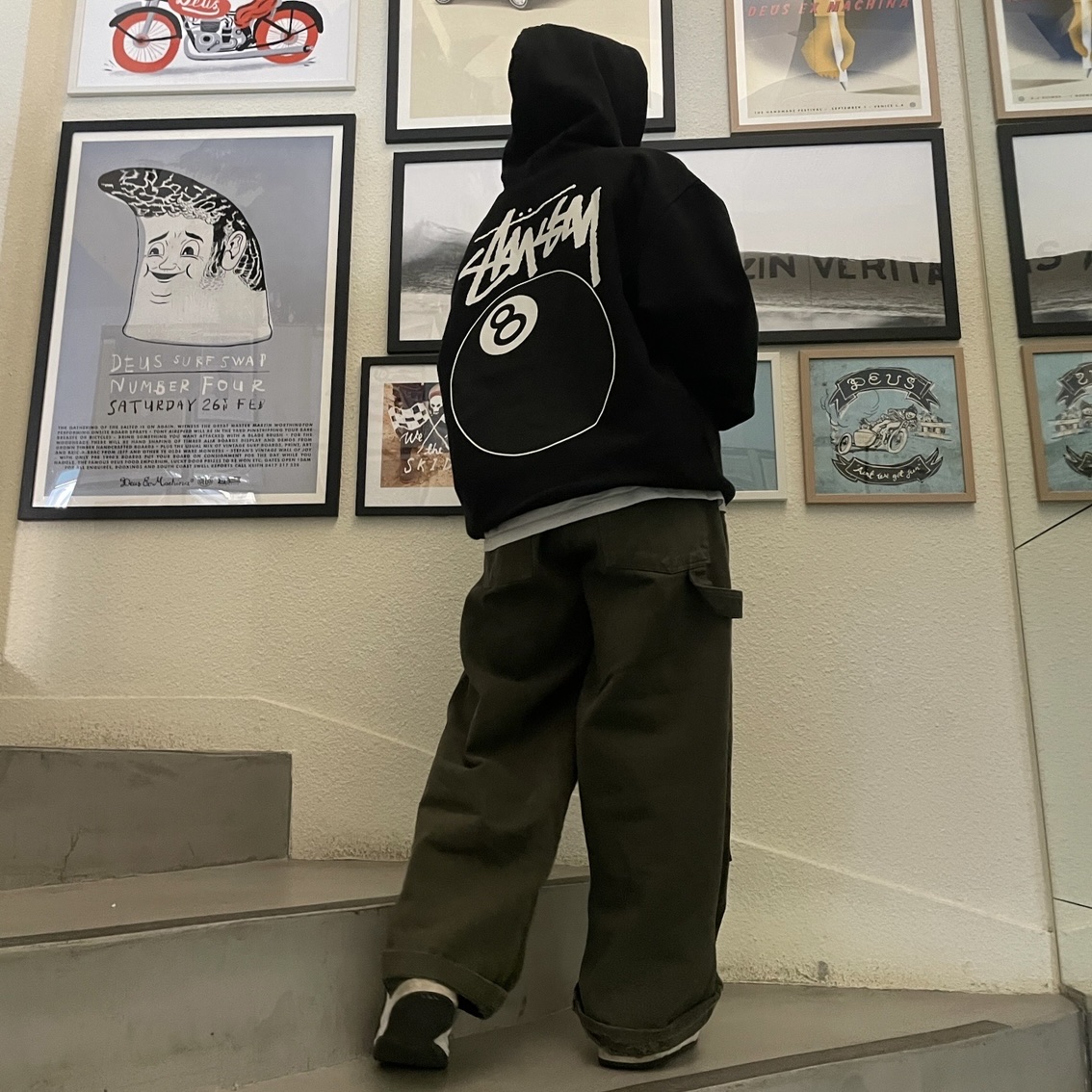 Stussy 8 Ball Zip Hoodie Black - 22SS, Nike Dunk Low Retro Black 착용 스타일 - 2