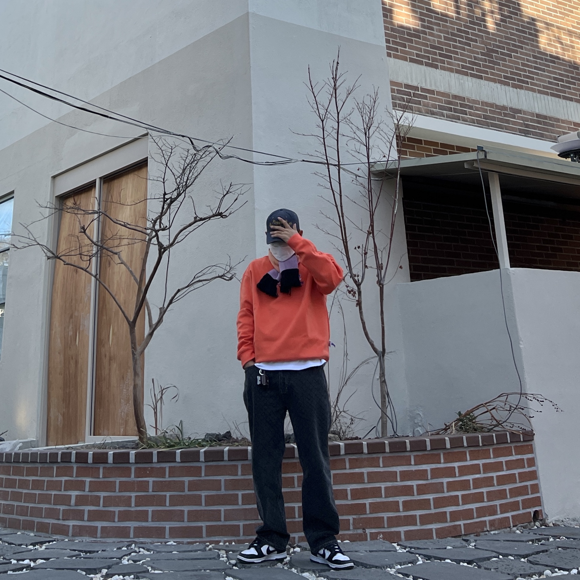 Nike Dunk Low Retro Black, Maison Kitsune x Ader Error Yoga Blue Fox Sweatshirt Orange 착용 스타일 - 2