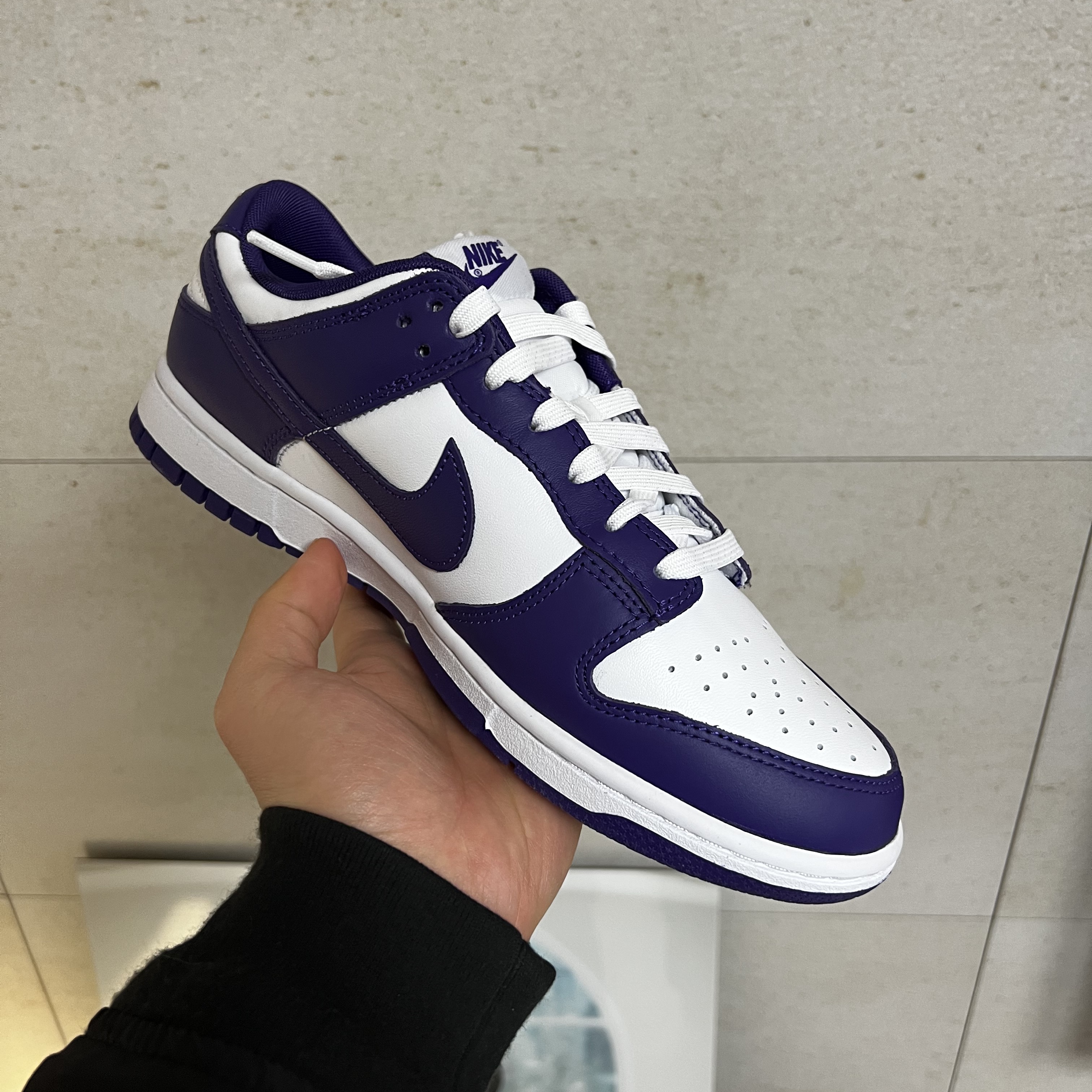 Jordan 1 Retro High OG Court Purple 2020, Nike Dunk Low Retro Championship Court Purple 착용 스타일 - 2