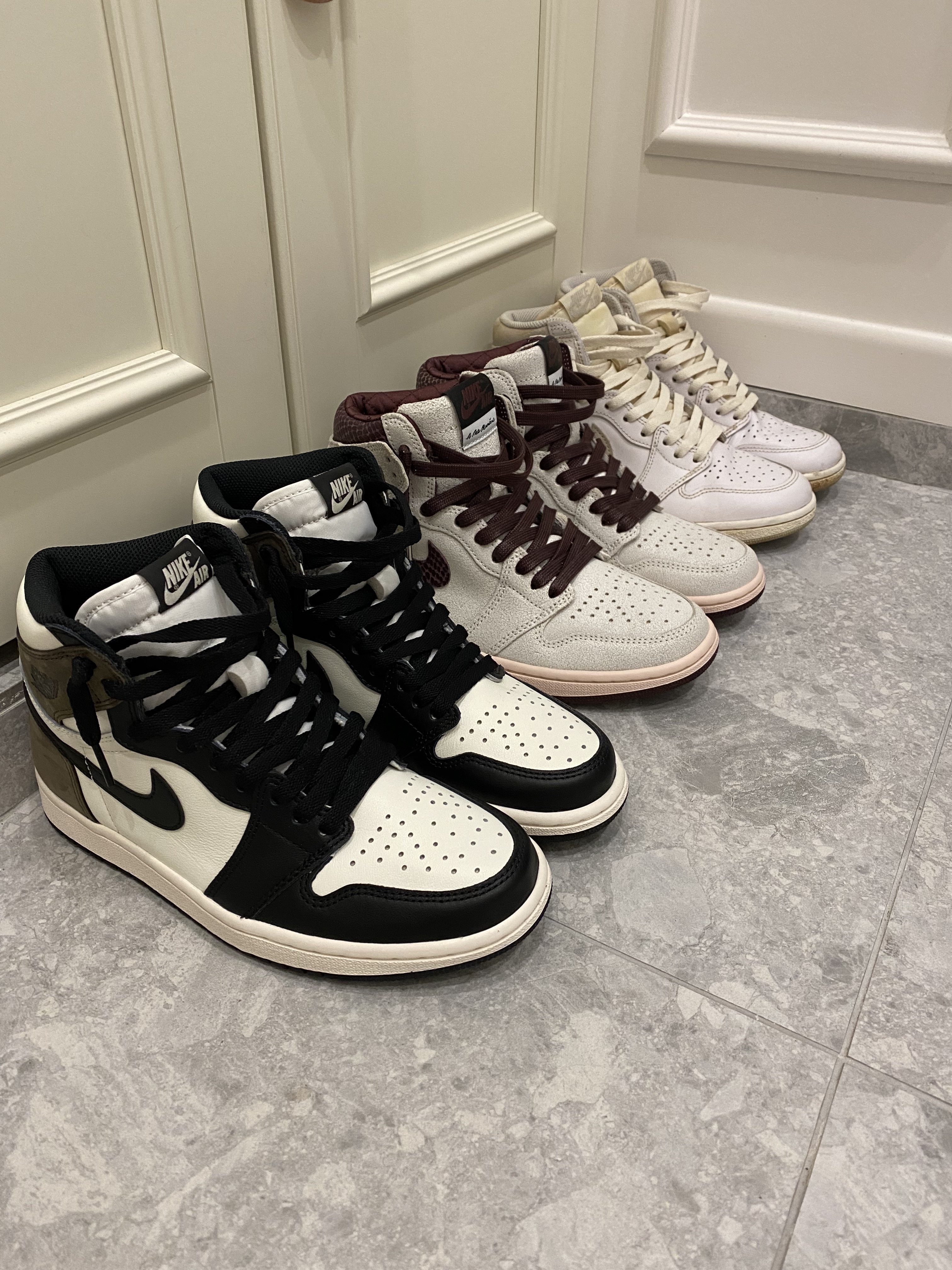 Jordan 1 Retro High OG Black Mocha, Jordan 1 x A Ma Maniere Retro High OG SP Sail and Burgundy 착용 스타일