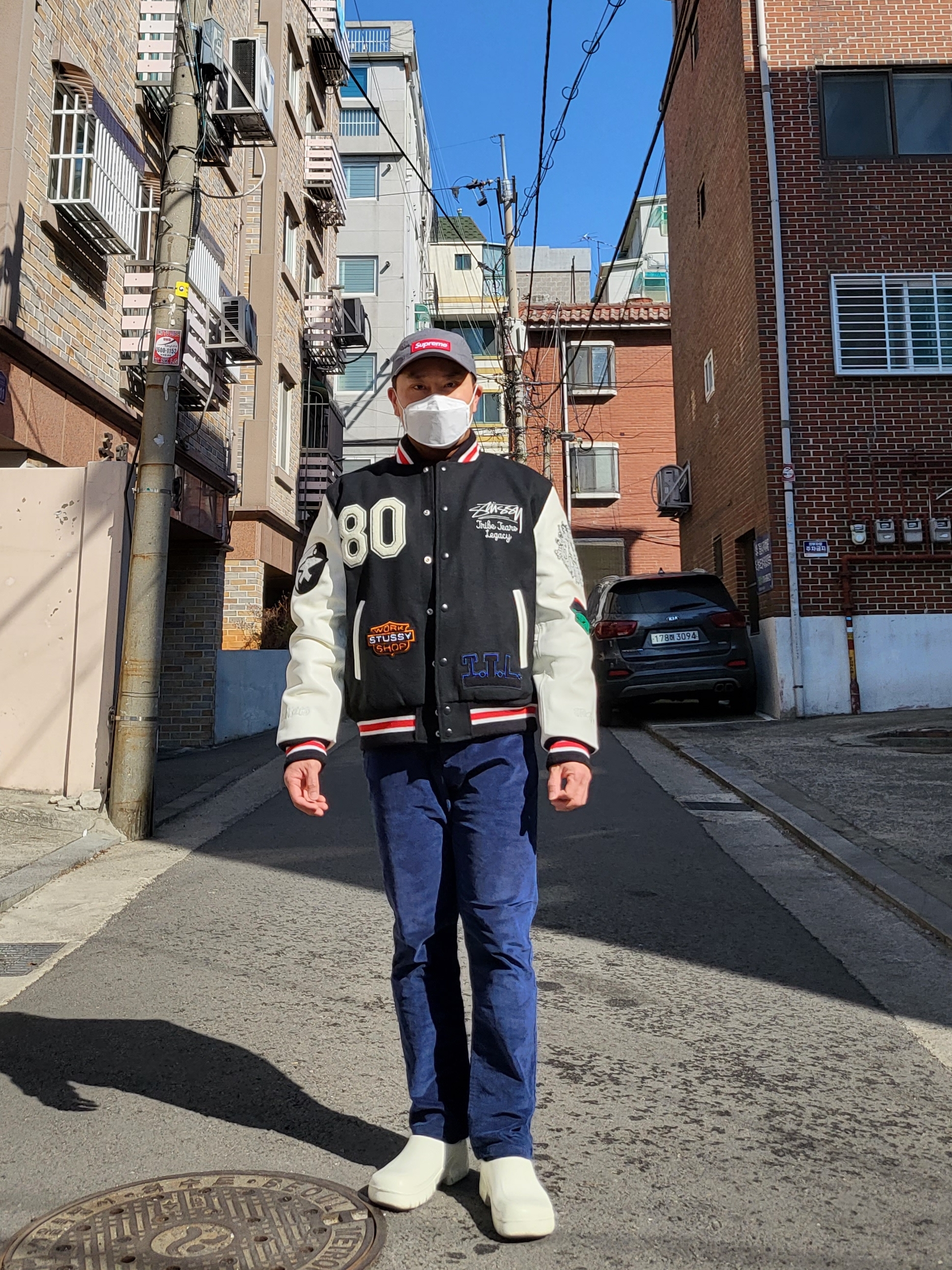 Stussy x Our Legacy x Denim Tears TTL Varsity Jacket Black, Supreme Military Camp Cap Grey - 21SS 착용 스타일 - 1