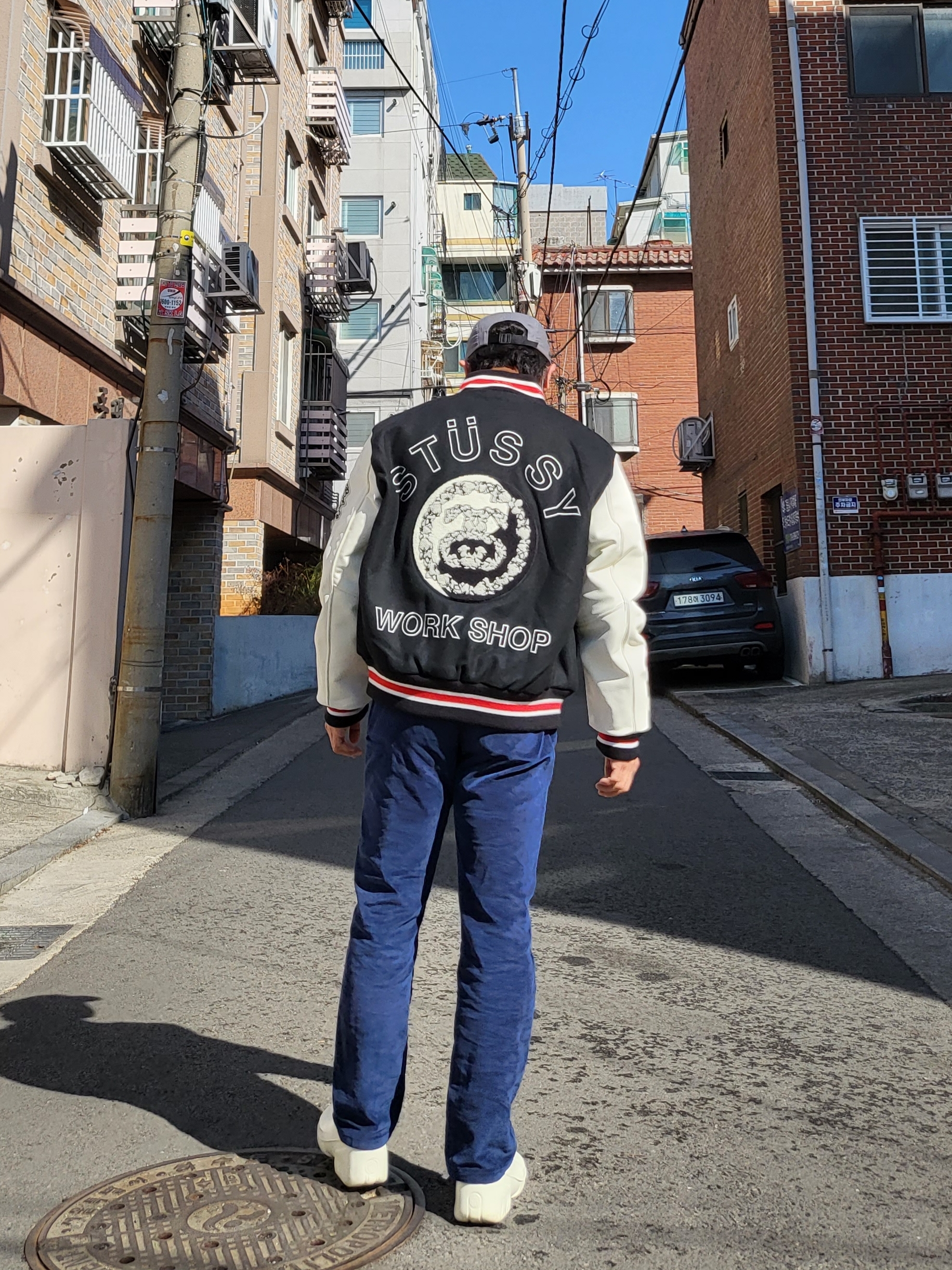 Stussy x Our Legacy x Denim Tears TTL Varsity Jacket Black, Supreme Military Camp Cap Grey - 21SS 착용 스타일 - 2