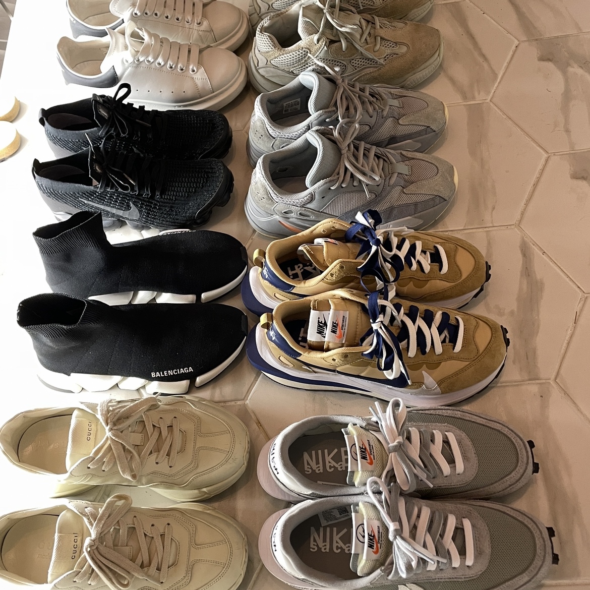 Nike x Sacai x Fragment LDWaffle Light Smoke Grey, Nike x Sacai VaporWaffle Sesame and Blue Void 착용 스타일