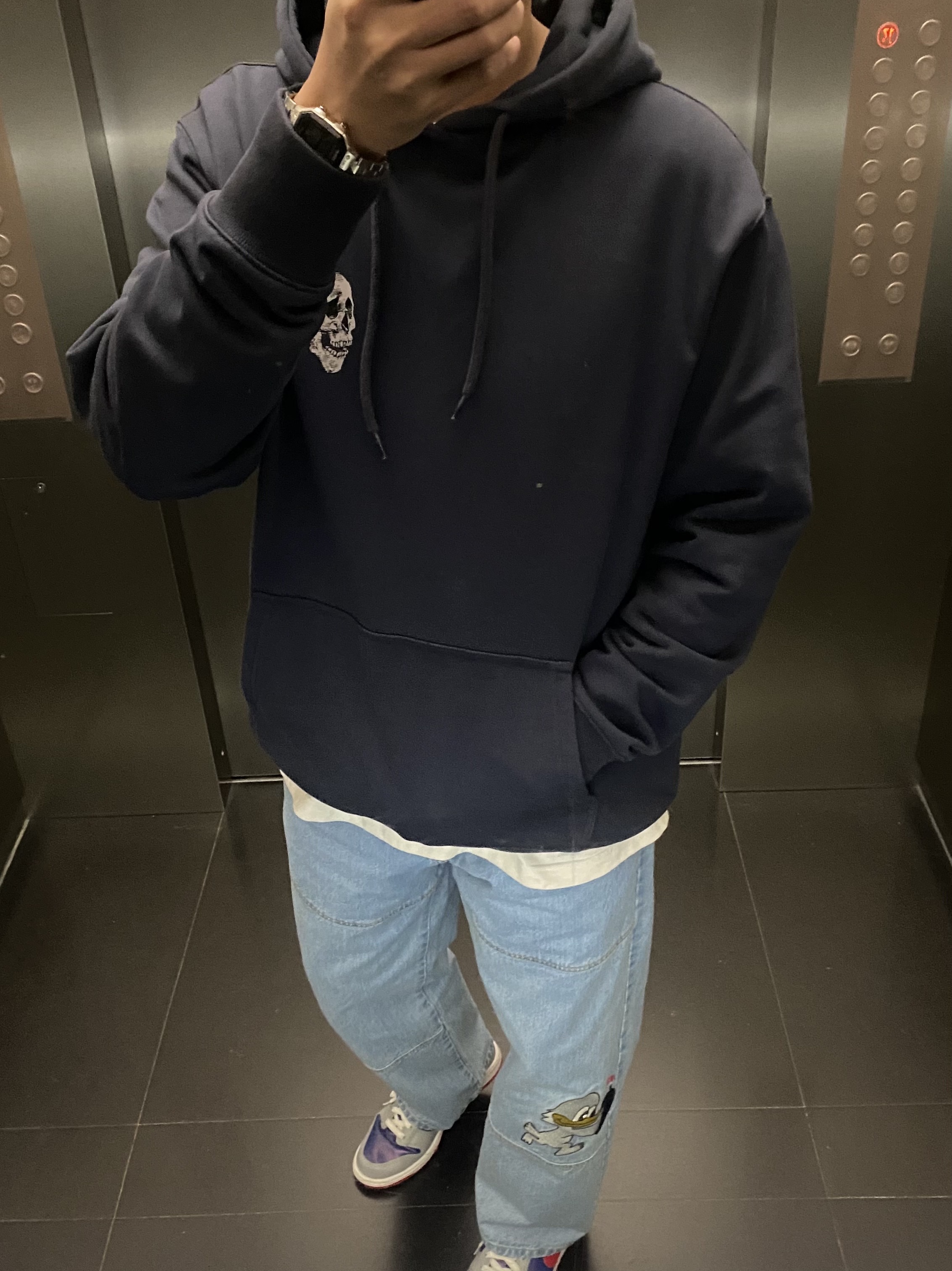 Palace Tri-Crusher Hood Navy - 20FW, Palace Duck Bomb Panel Jeans Stone Wash - 22SS 착용 스타일
