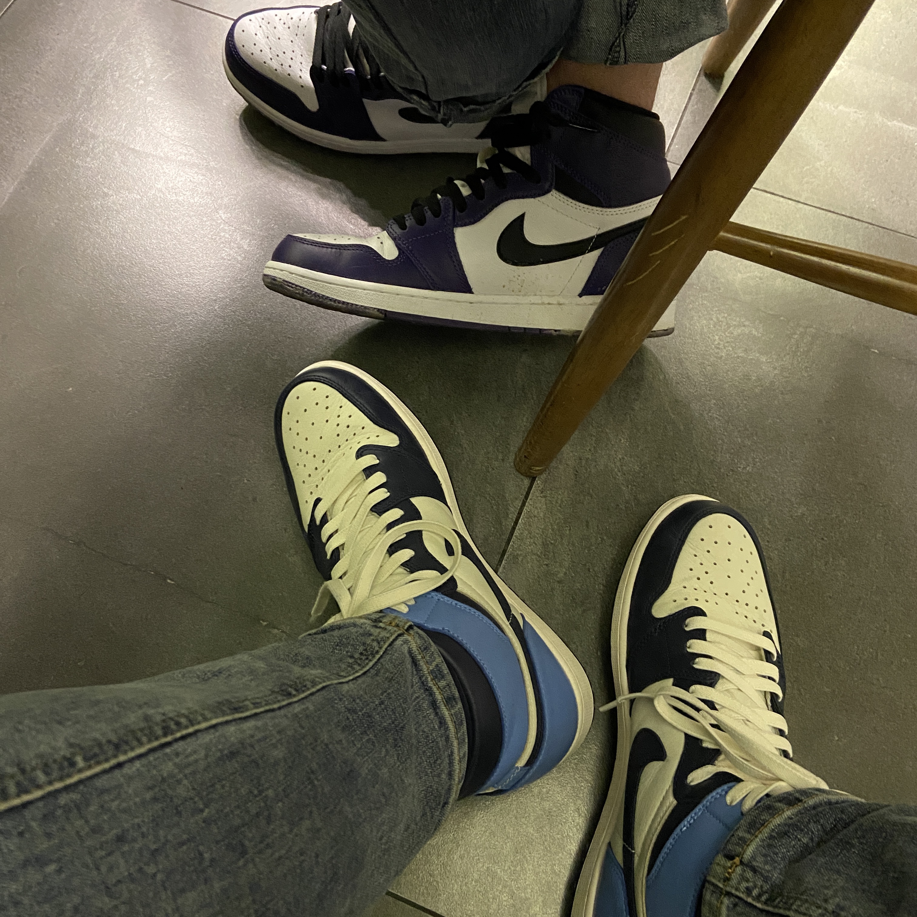 Jordan 1 Retro High Obsidian UNC, Jordan 1 Retro High OG Court Purple 2020 착용 스타일 - 1
