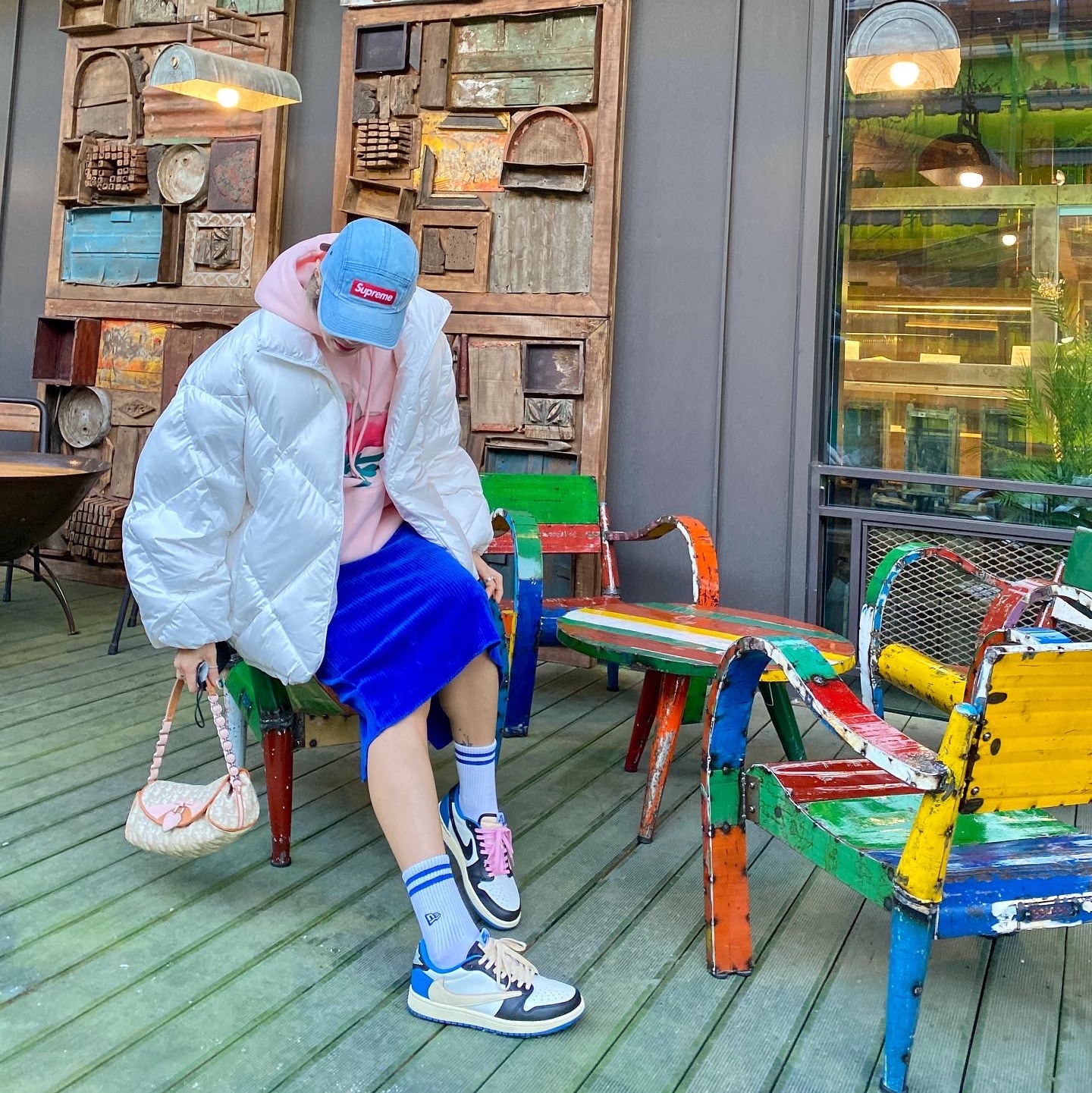 Jordan 1 x Travis Scott x Fragment Retro Low OG SP Military Blue, Supreme Washed Chino Twill Camp Cap Denim - 21FW 착용 스타일