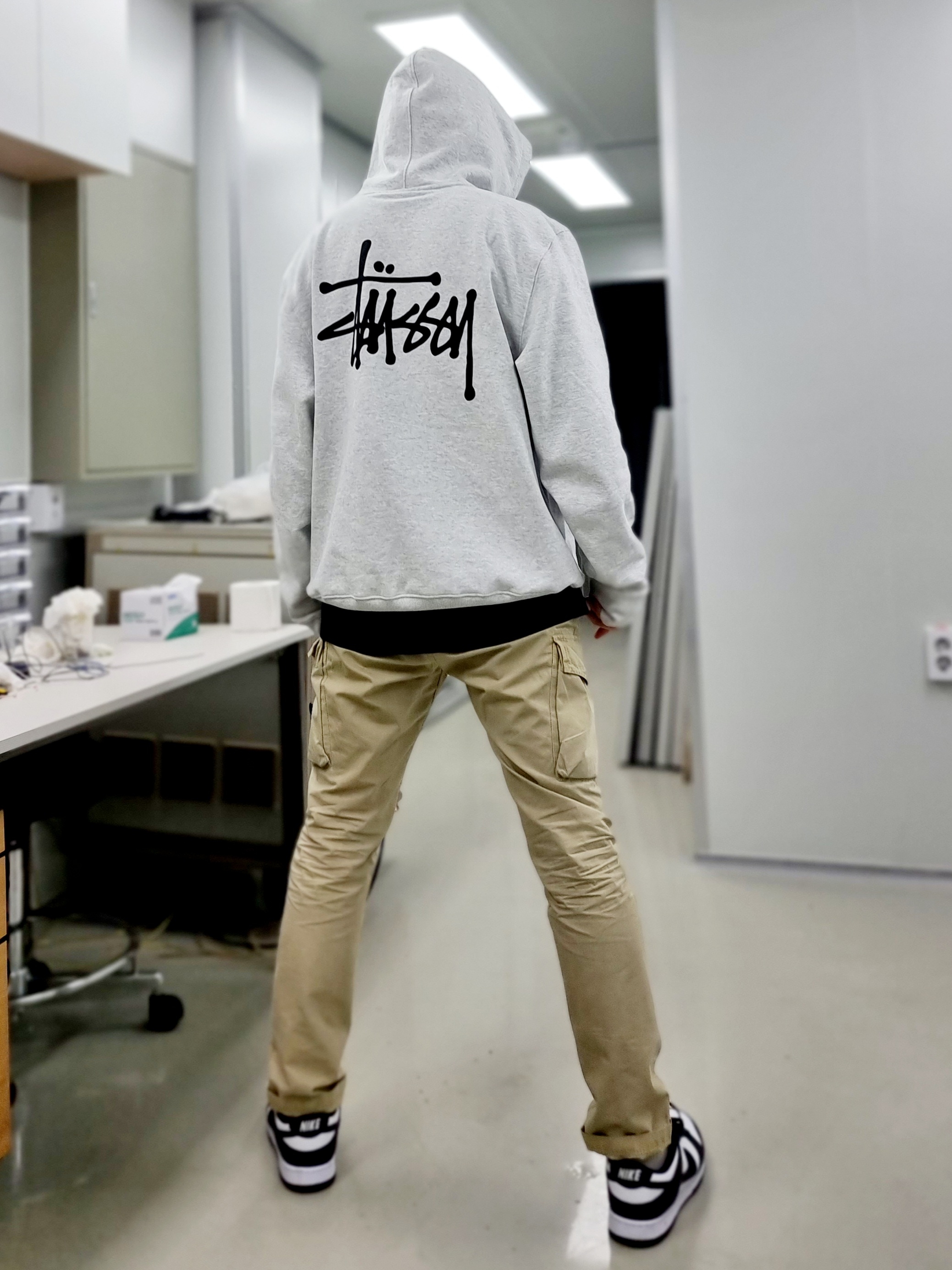 Stussy Basic Stussy Hoodie Ash Heather 2021, Stone Island 31819 Cargo Pants Sand - 21SS 착용 스타일 - 2