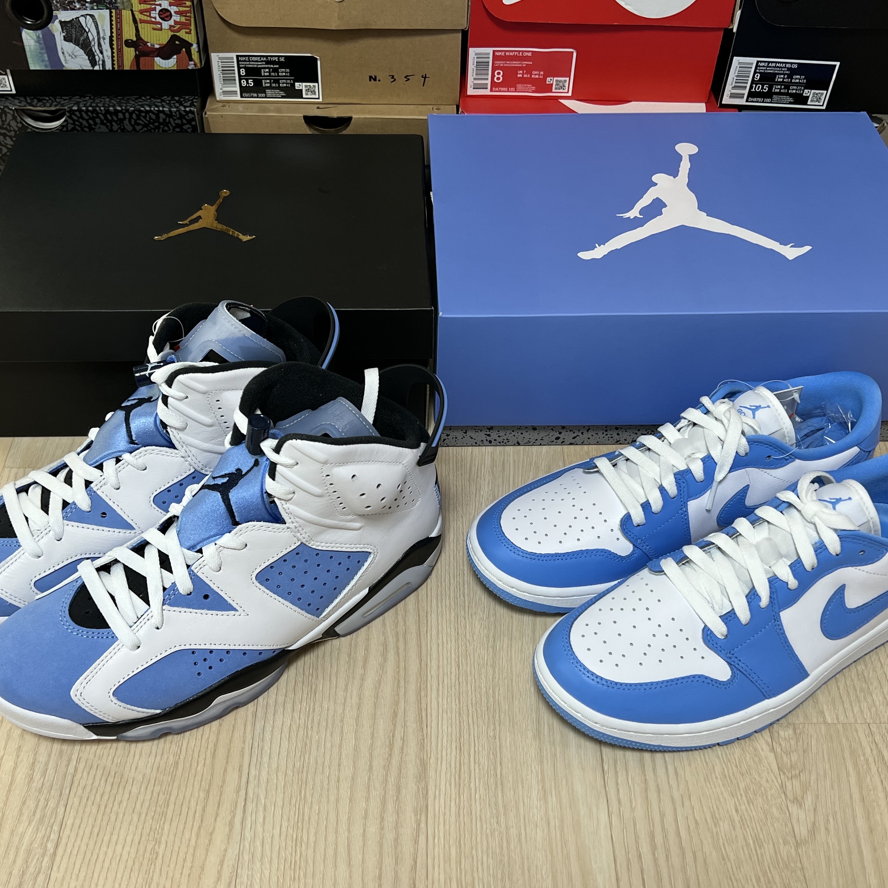 Jordan 6 Retro University Blue, Jordan 1 Low Golf White and University Blue 착용 스타일