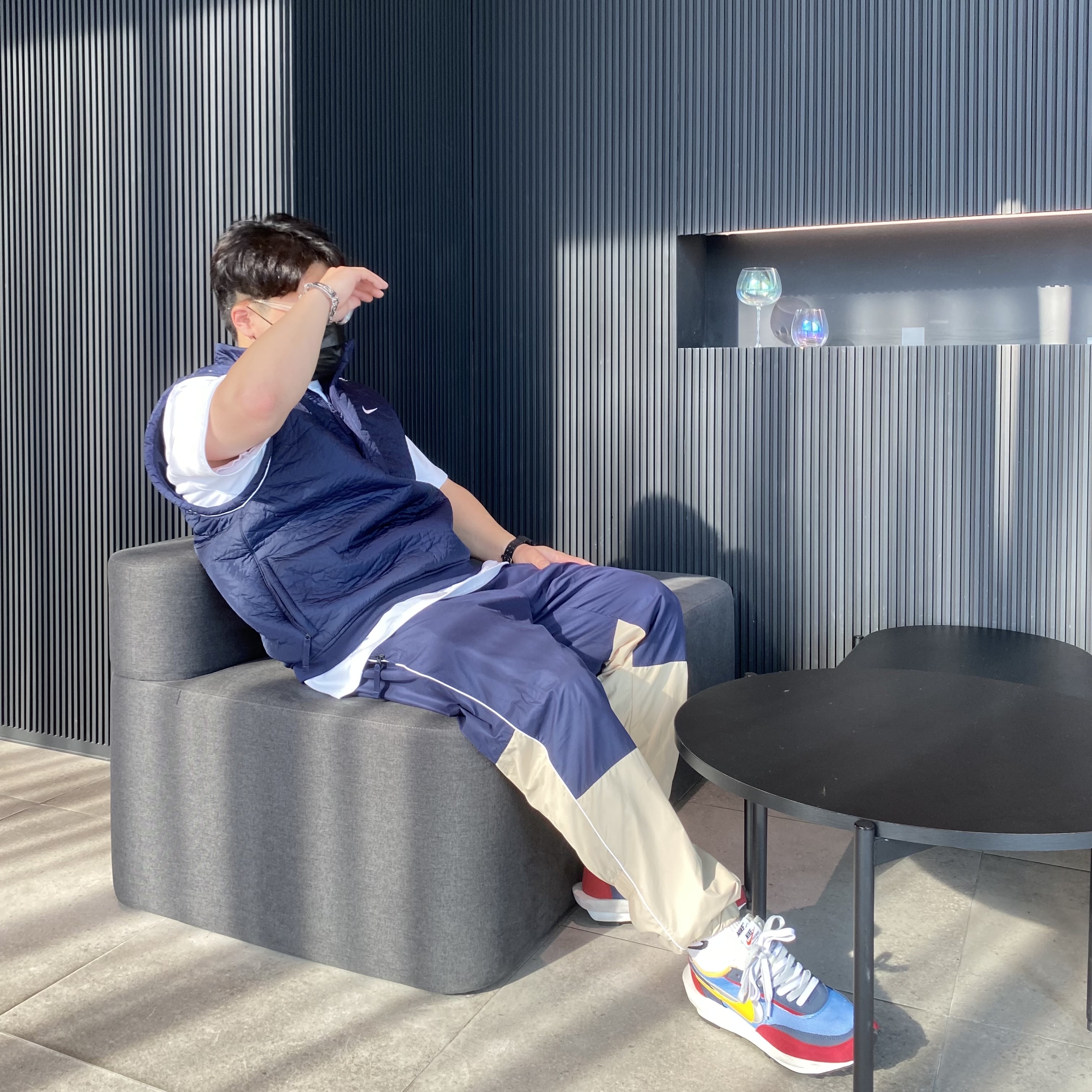 Nike x Cav Empt Track Pants Navy, Nike x Cav Empt Vest Navy 착용 스타일