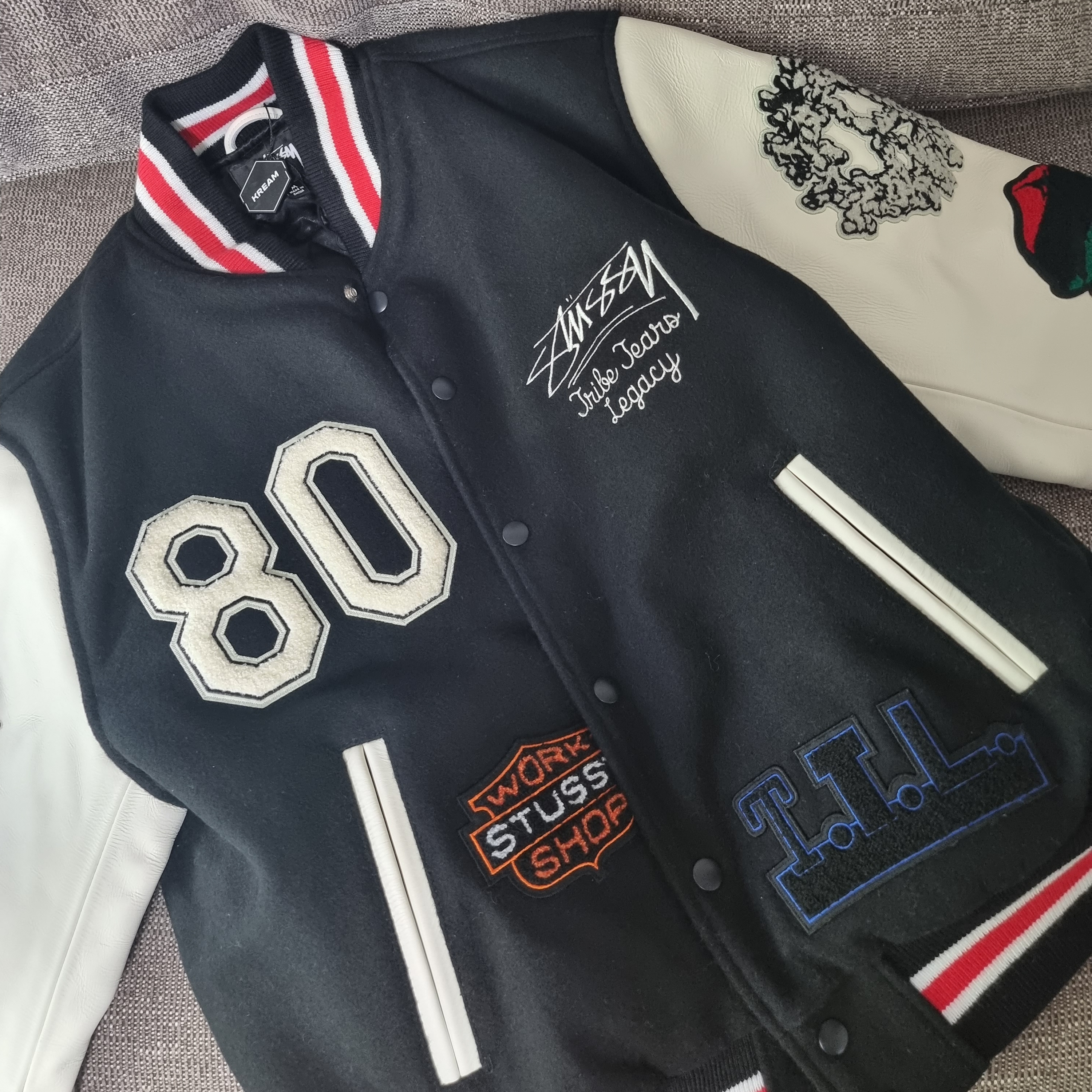 Stussy x Our Legacy x Denim Tears TTL Varsity Jacket Black 착용 스타일
