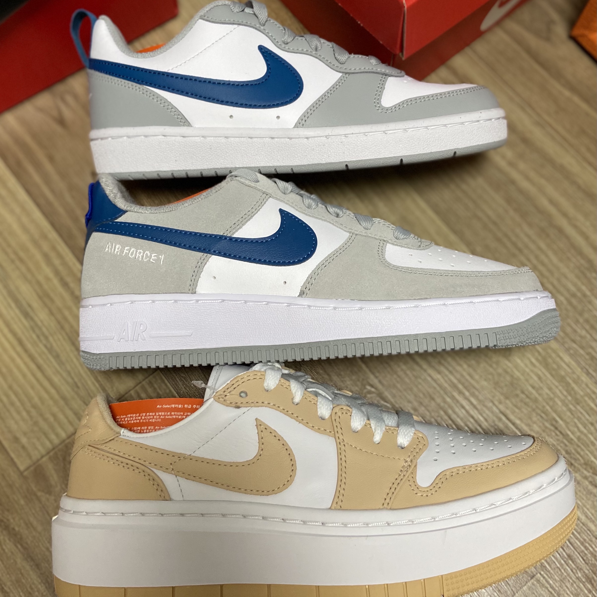 (GS) Nike Court Borough Low 2 Light Smoke Grey, (GS) Nike Air Force 1 LV8 Athletic Club Light Smoke Grey Marina 착용 스타일